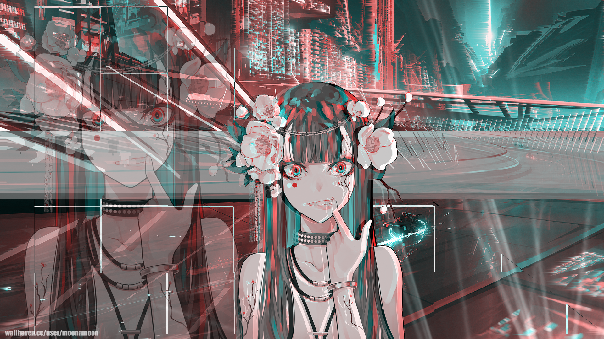 Wallpaper, anime girls, cyberpunk, futuristic, red eyes, looking at viewer, city, neon 1920x1080