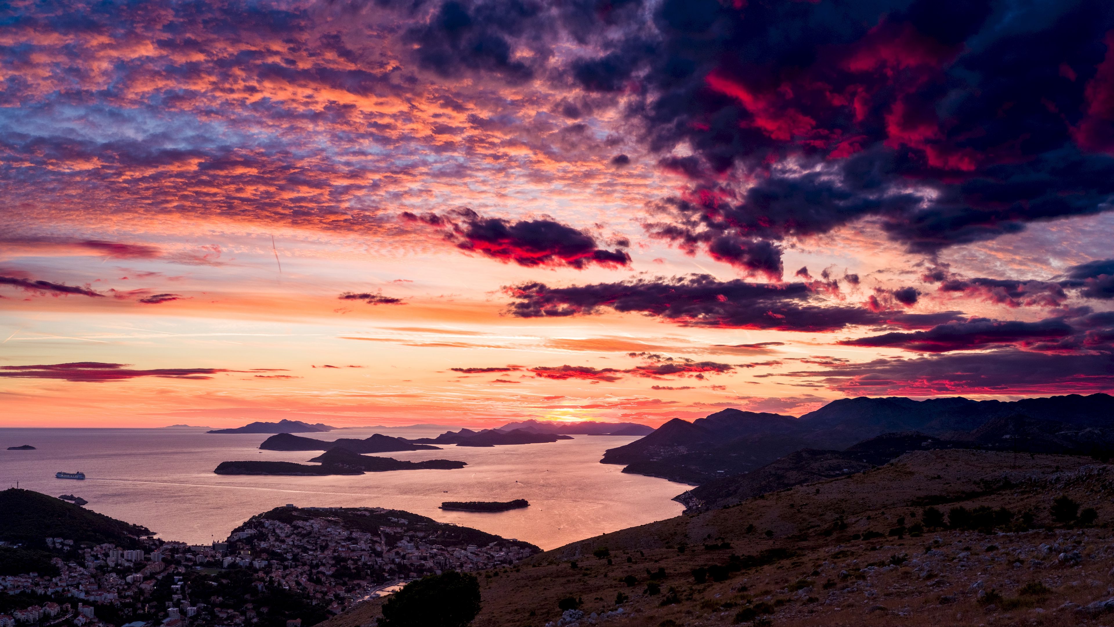 Download wallpaper 3840x2160 sea, sunset, clouds, mountains, croatia 4k uhd 16:9 HD background