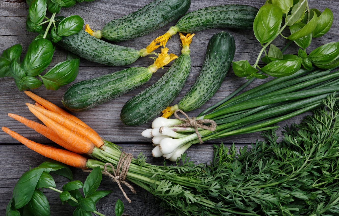 Wallpaper greens, pen, Board, bow, the beam, vegetables, carrots, cucumbers, Basil image for desktop, section еда