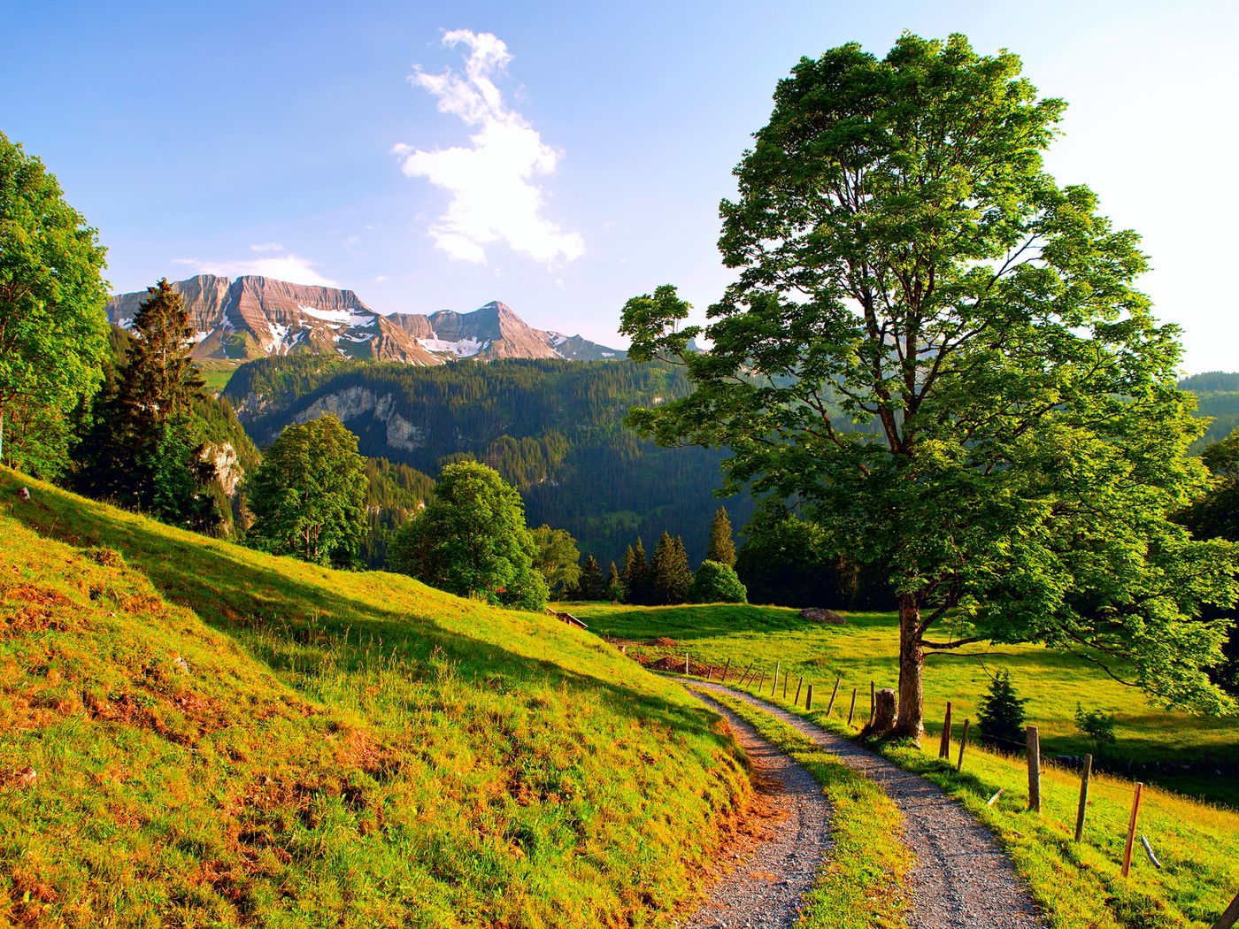 Download wallpaper 1400x1050 switzerland, mountains, alps, road, summer standard 4:3 HD background