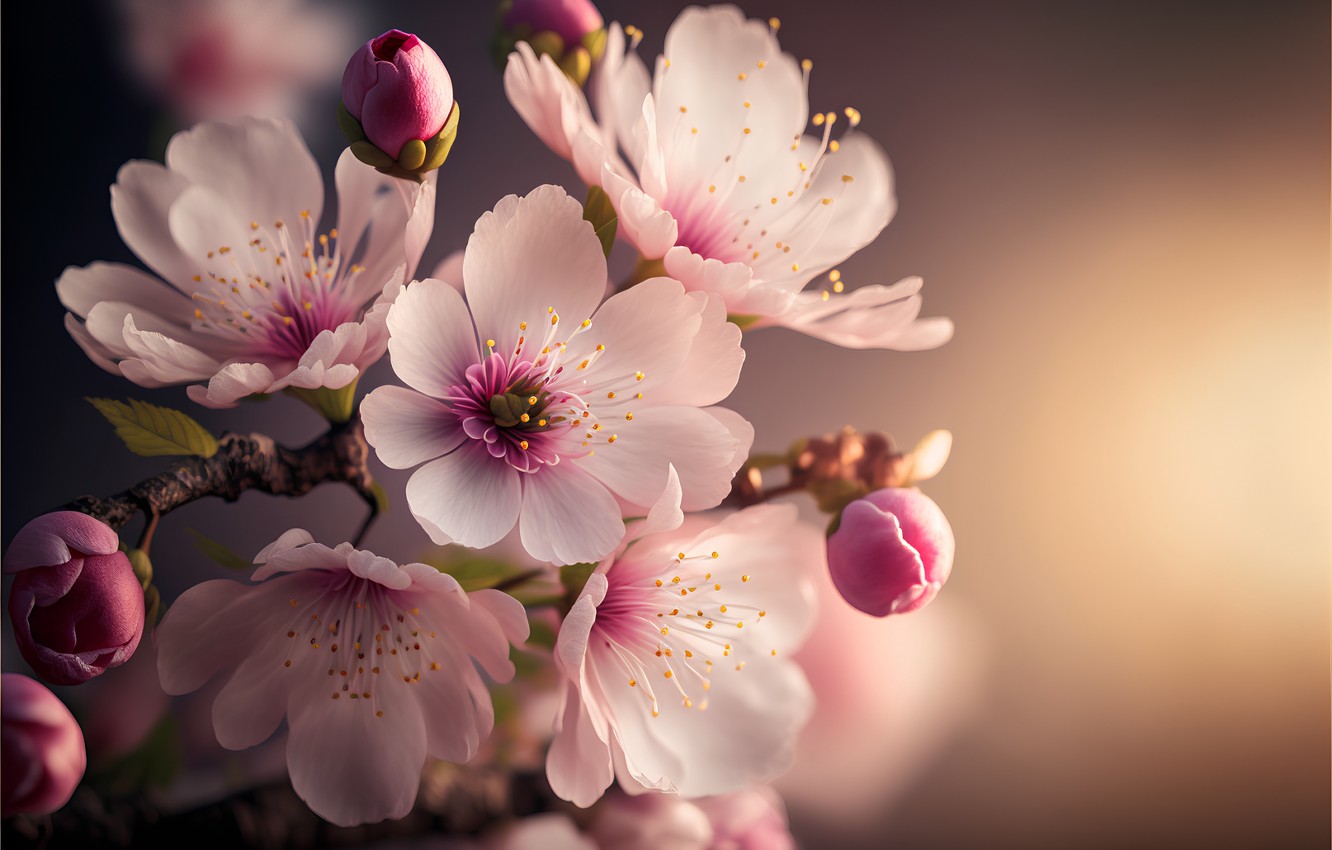 Wallpaper macro, light, flowers, branches, cherry, graphics, spring, Sakura, art, pink, flowering, digital art, digital art, AI art, neural network, digital painting image for desktop, section рендеринг