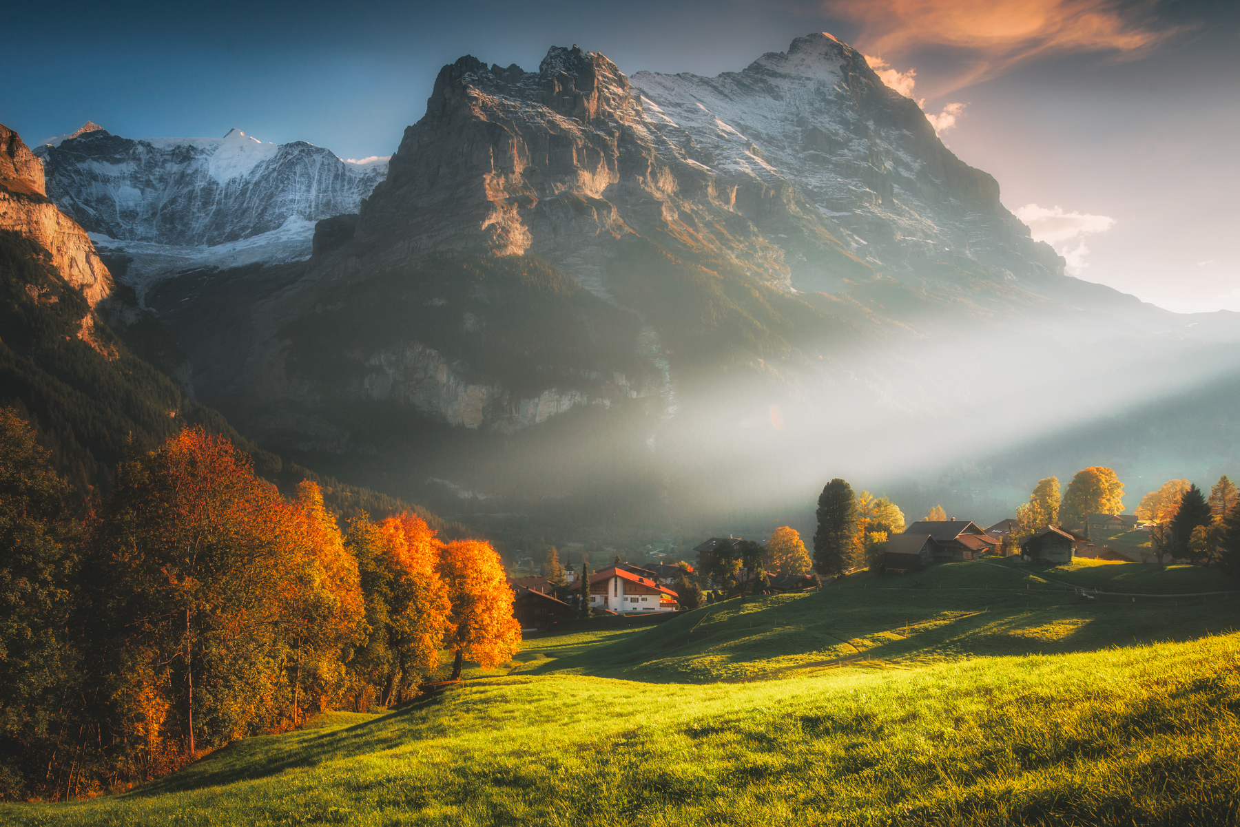 Wallpaper, Grindelwald, Swiss Alps, Switzerland, snowy peak, mountains, field, trees, landscape, village, forest, grass, sunlight, sun rays, sky, morning 1800x1201