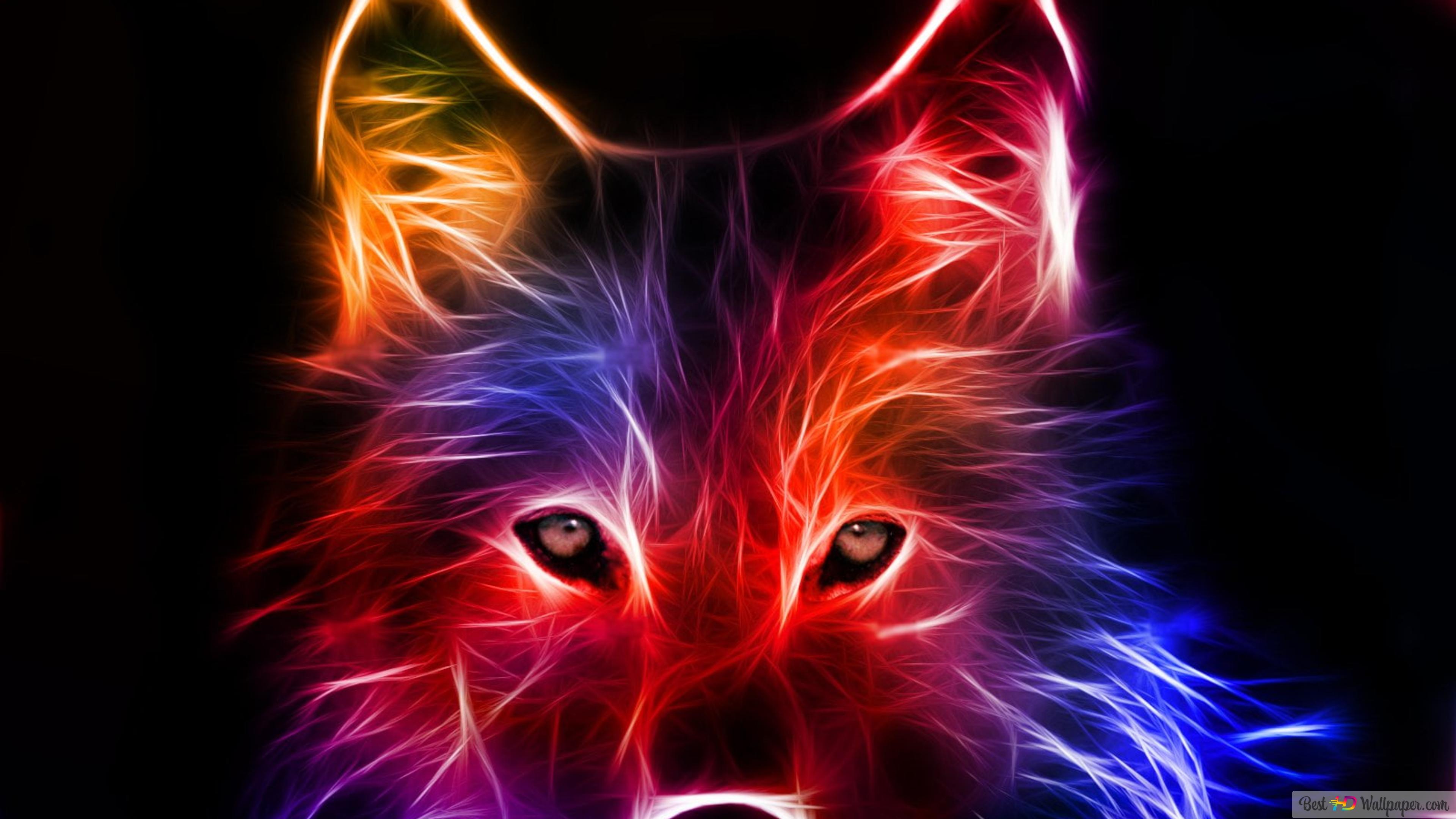 Yellow, red, and blue wolf graphic 4K wallpaper download