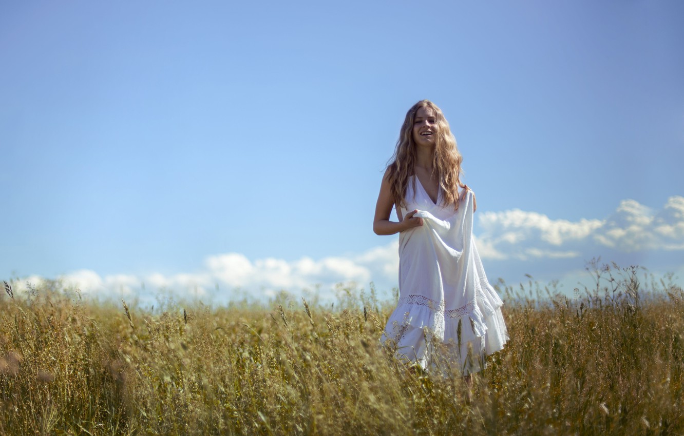 Wallpaper girl, summer, dress, field, happiness, white dress, sunny image for desktop, section девушки