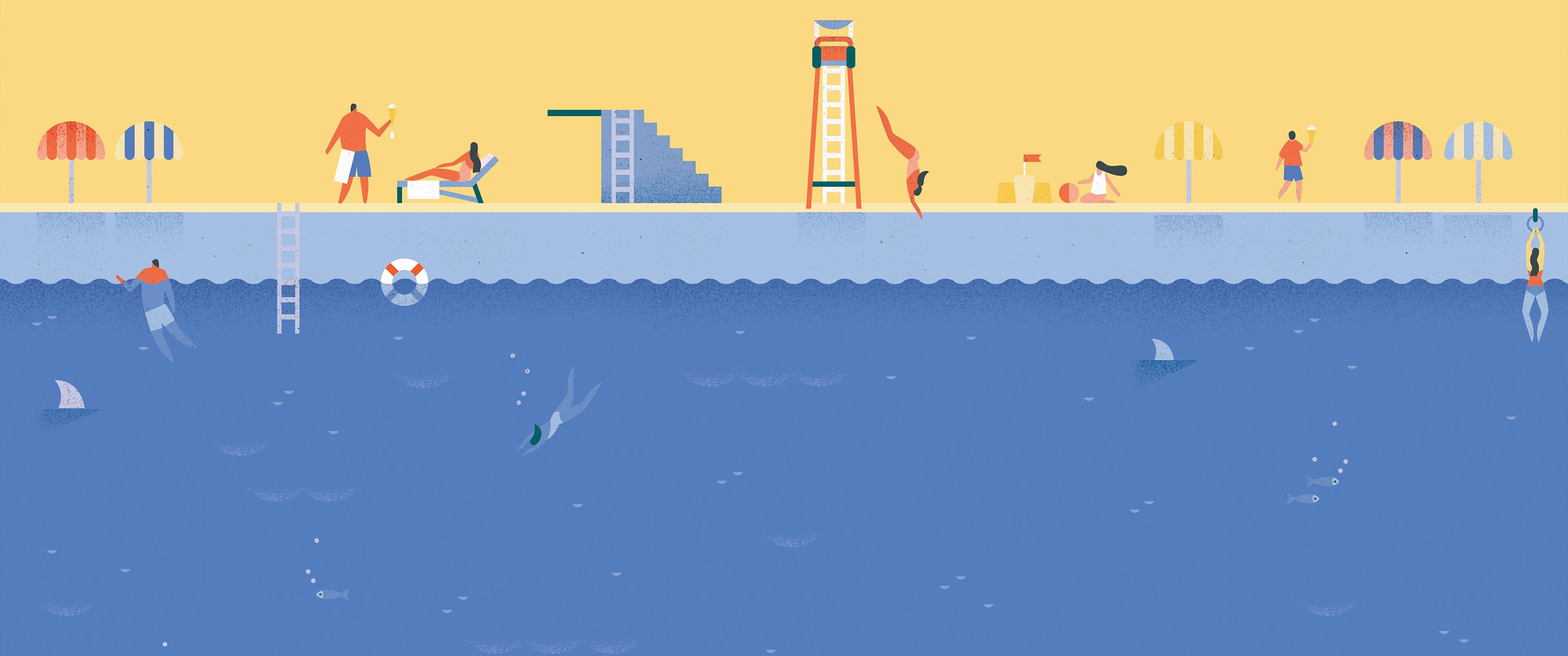 Wallpaper, 3440x1440 px, minimalism, people, summer, swimming pool, water 3440x1440