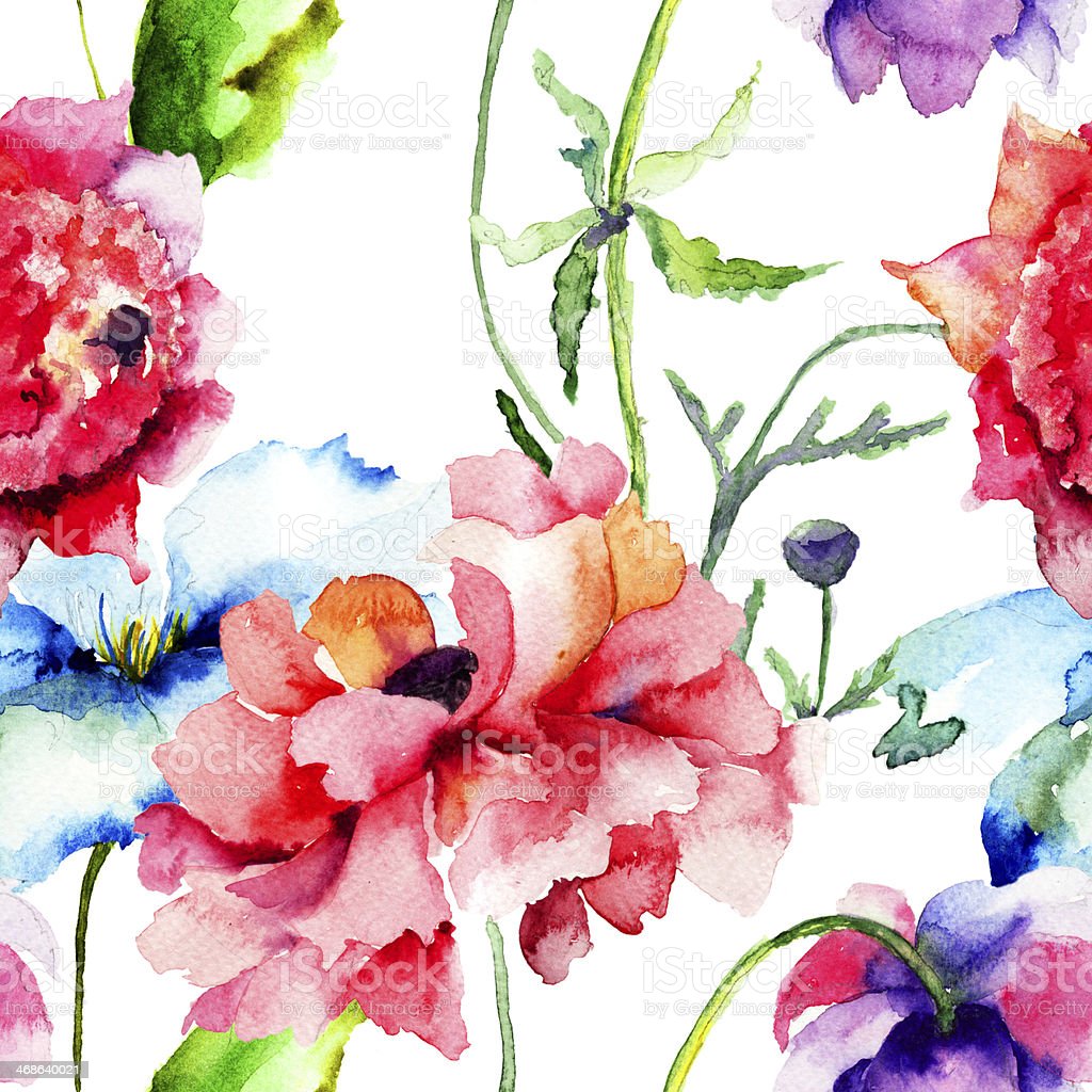 Seamless Wallpaper With Summer Flowers Stock Illustration Image Now, Blossom, Floral Pattern