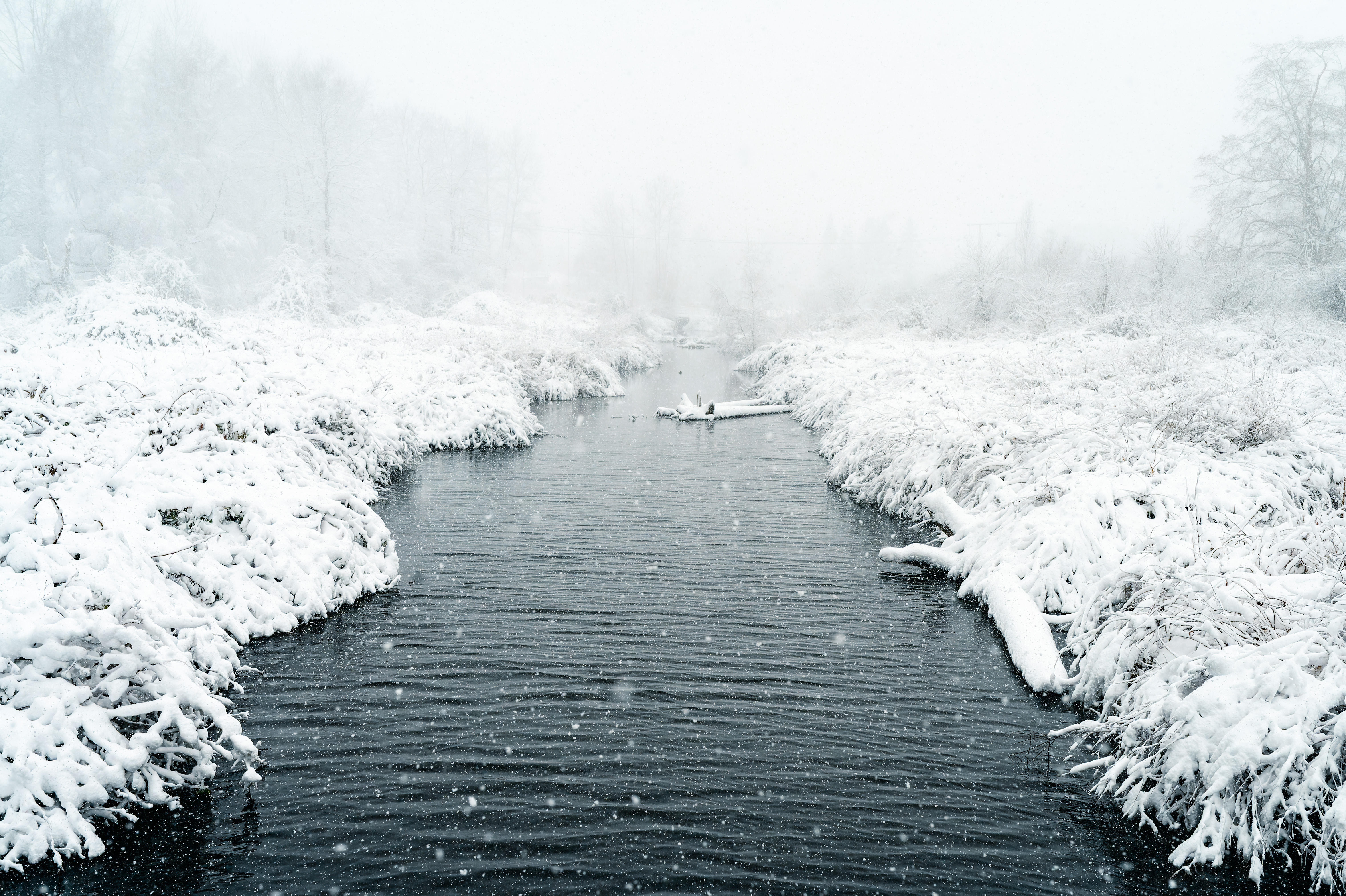 Wallpaper, winter, river, water, forest, snow, nature, landscape, mist, ice, 4k, photography, plants, clouds, frost, snowing, snowflakes, British Columbia, Canada 6048x4024