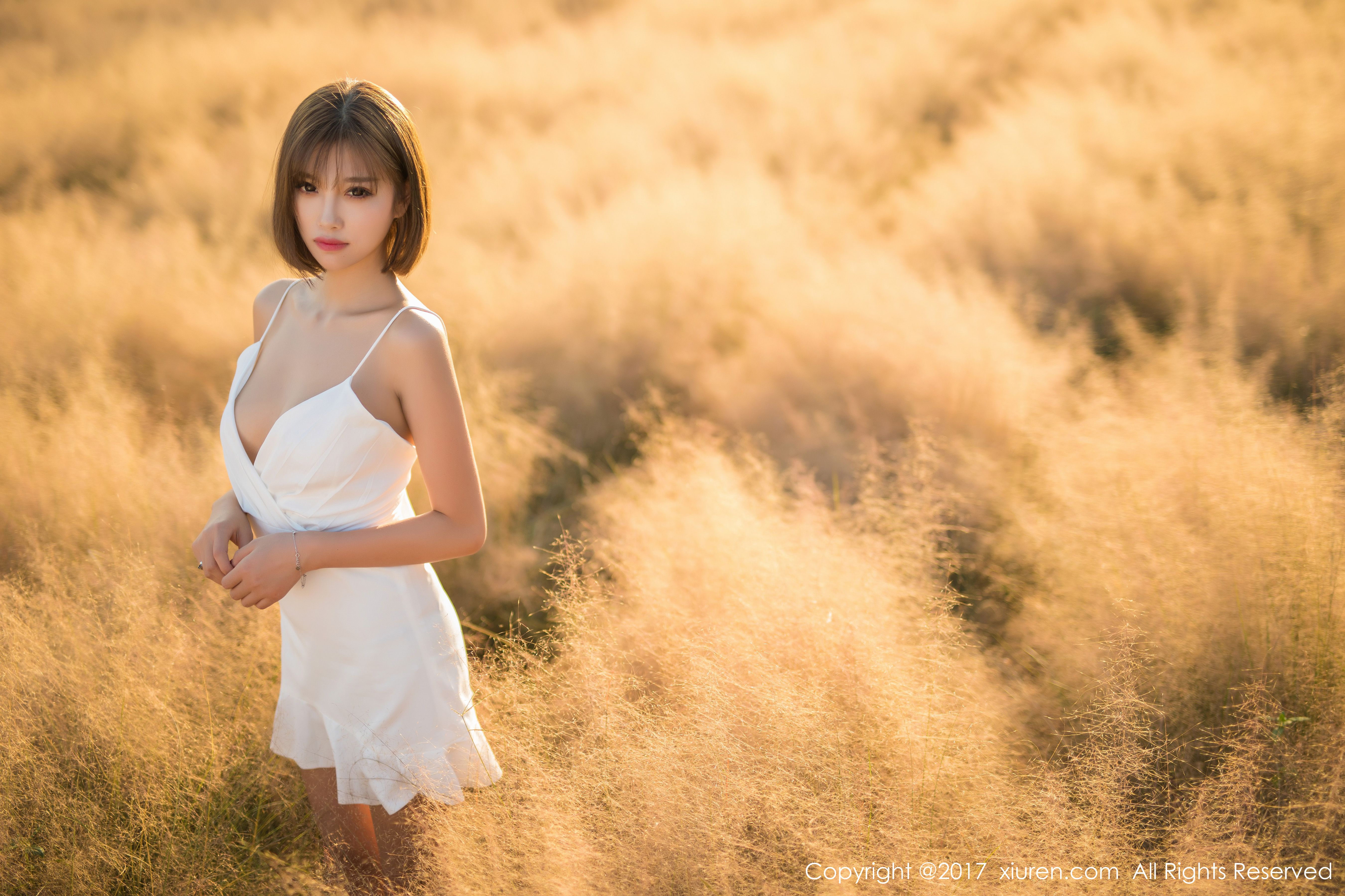 Wallpaper, Asian, short hair, women outdoors, field, summer dress, sunlight 5400x3600