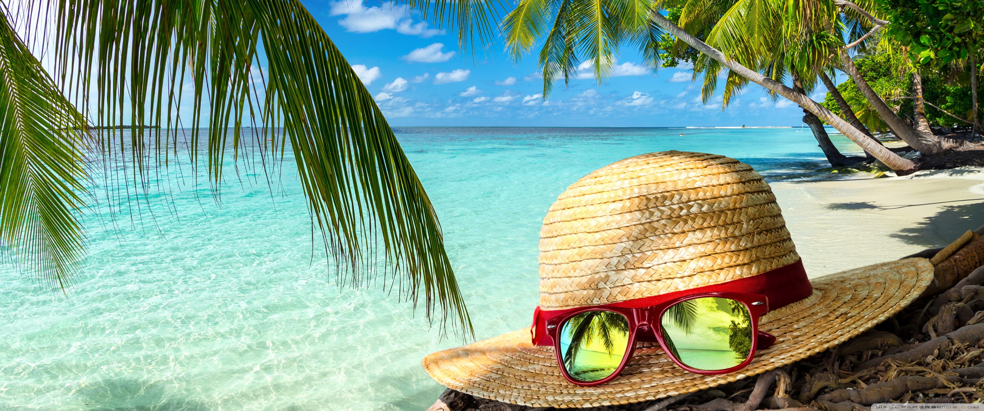 Clear Sea Water, Beach Hat and Sunglasses, Palm Trees Ultra HD Desktop Background Wallpaper for 4K UHD TV, Widescreen & UltraWide Desktop & Laptop, Multi Display, Dual & Triple Monitor