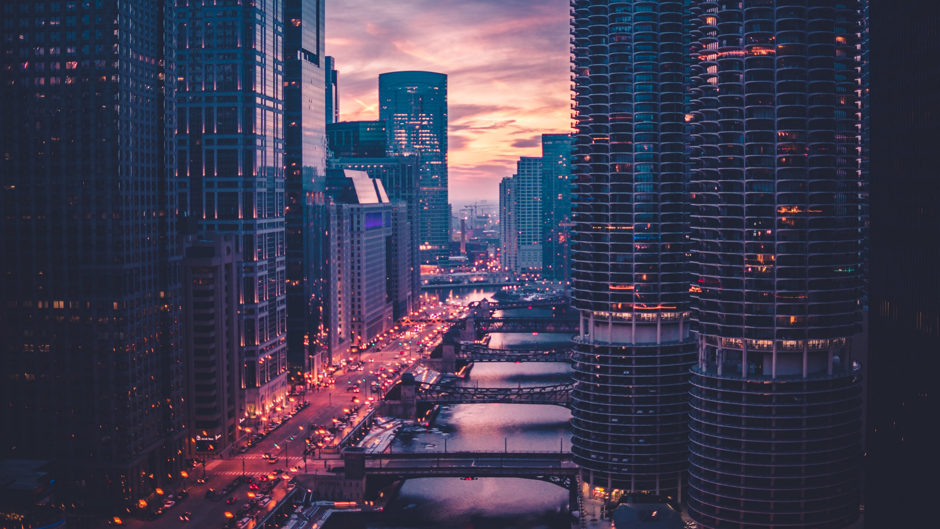 Wallpaper 4k chicago, skyscrapers, bridges, evening 4k Wallpaper