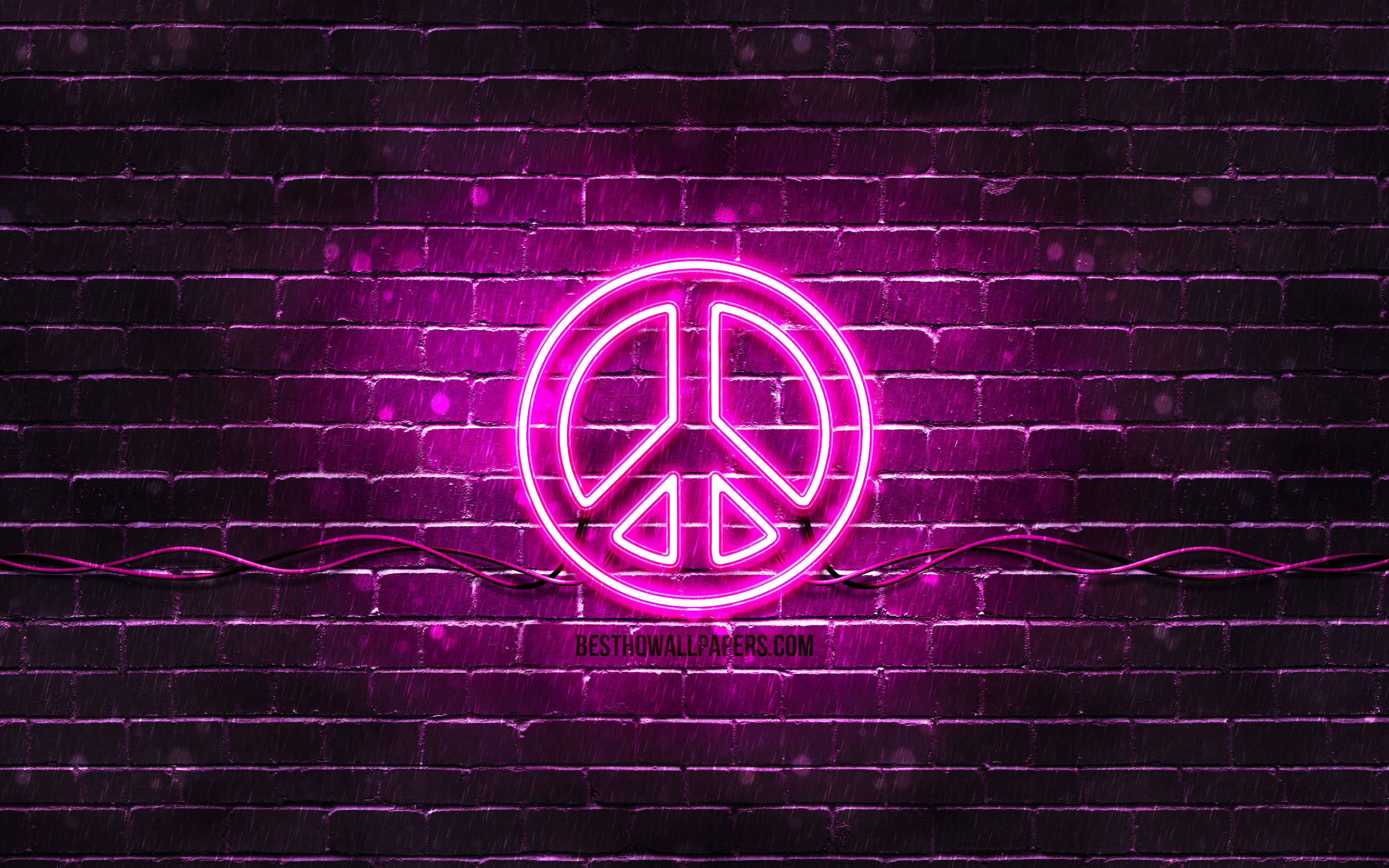Download wallpaper Peace purple sign, 4k, purple brickwall, Peace symbol, creative, Peace neon sign, Peace sign, Peace for desktop with resolution 3840x2400. High Quality HD picture wallpaper