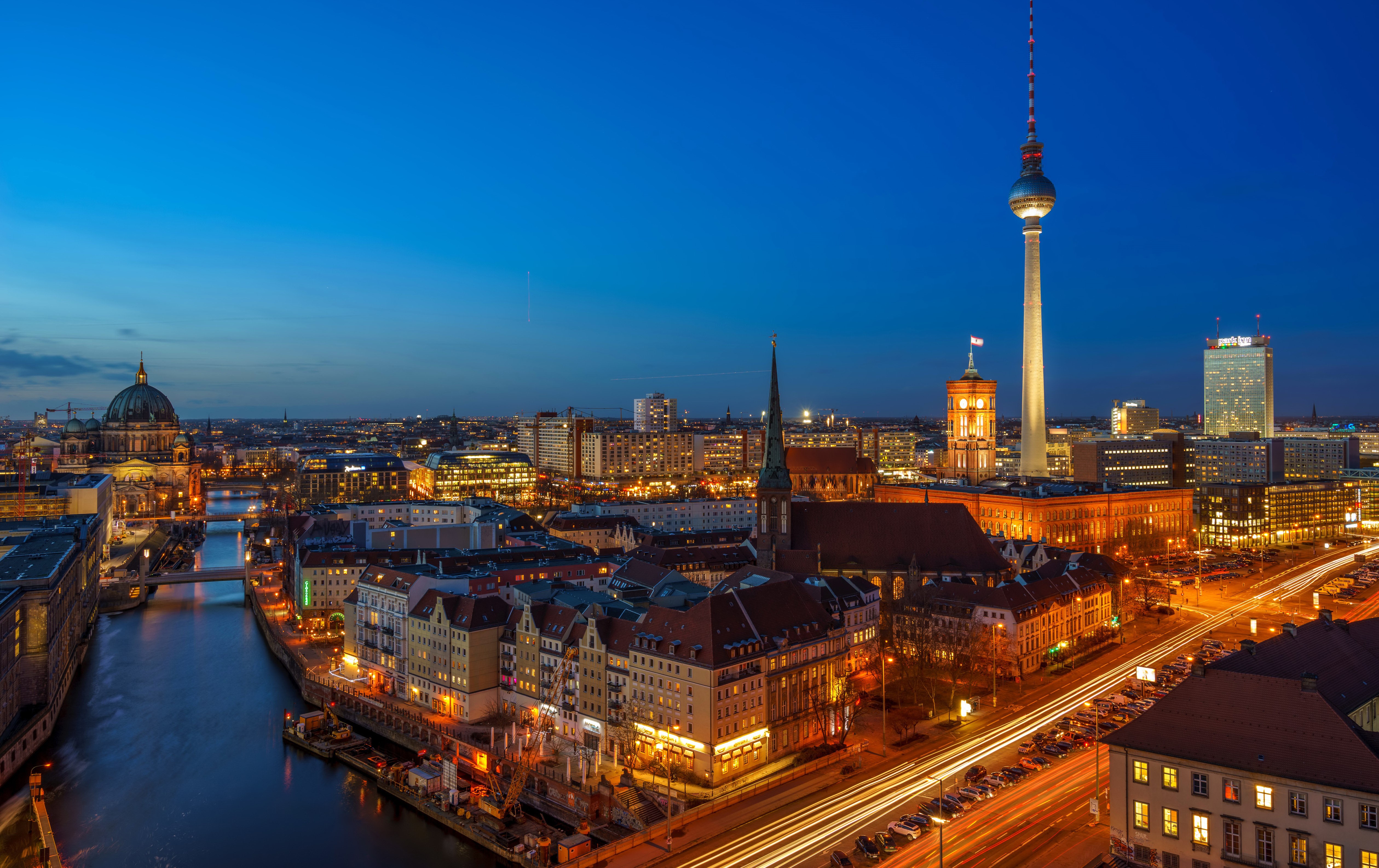 4K, 5K, Berlin, Germany, Houses, Rivers, Roads, Night Gallery HD Wallpaper
