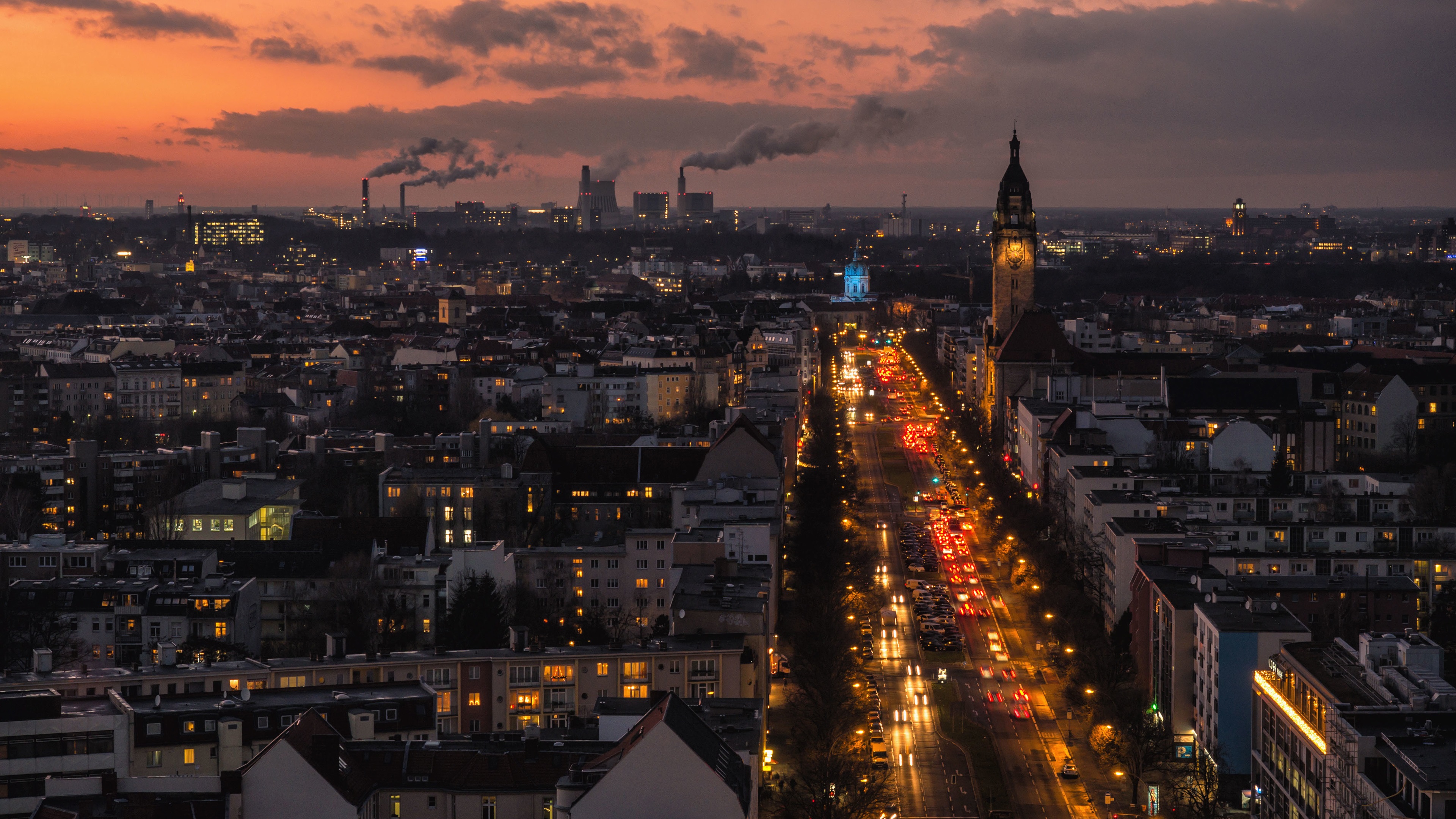 Wallpaper Berlin, Germany, chimneys, buildings, lights, night 3840x2160 UHD 4K Picture, Image