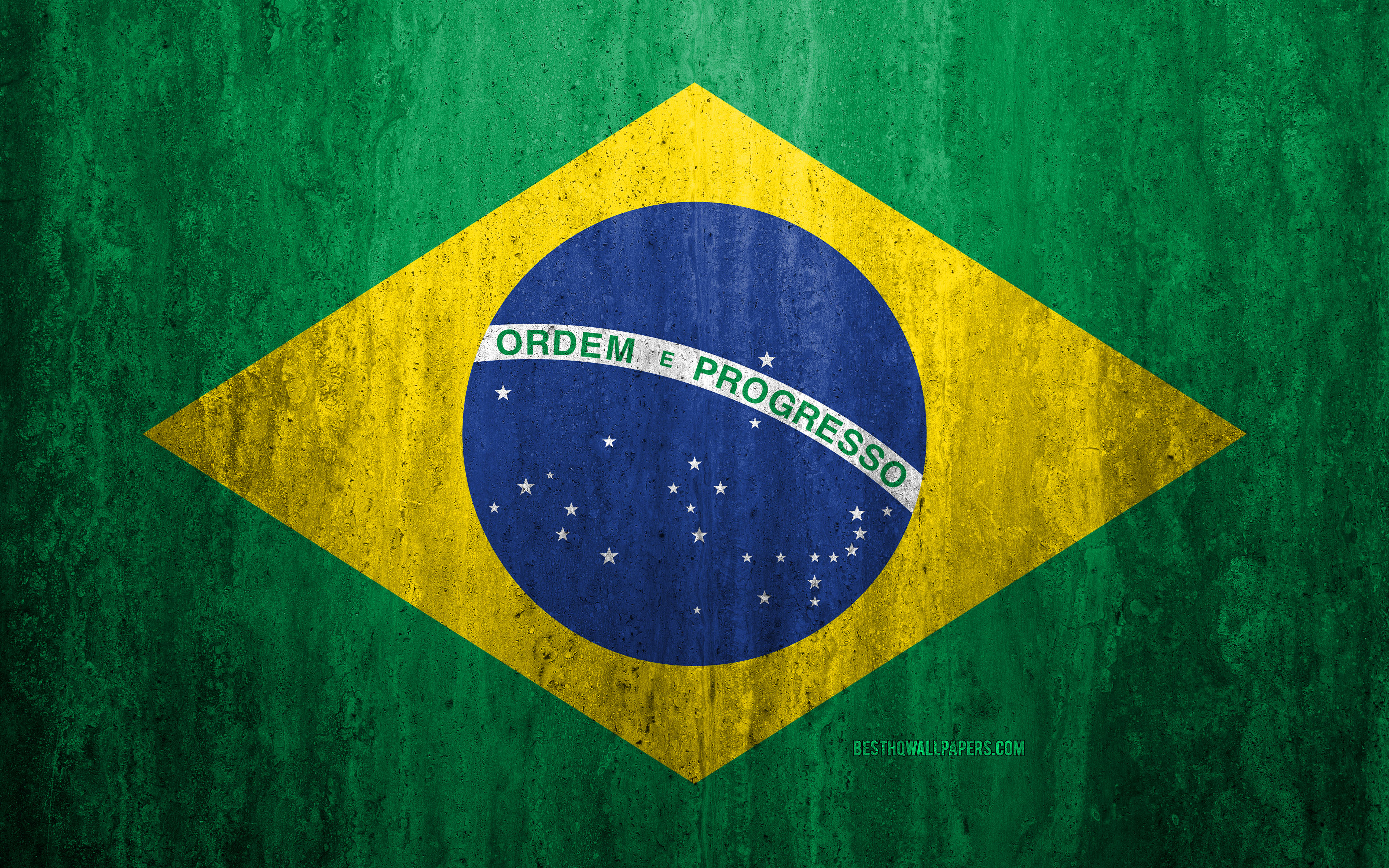 Download wallpaper Flag of Brazil, 4k, stone background, grunge flag, South America, Brazil flag, grunge art, national symbols, Brazil, stone texture for desktop with resolution 3840x2400. High Quality HD picture wallpaper