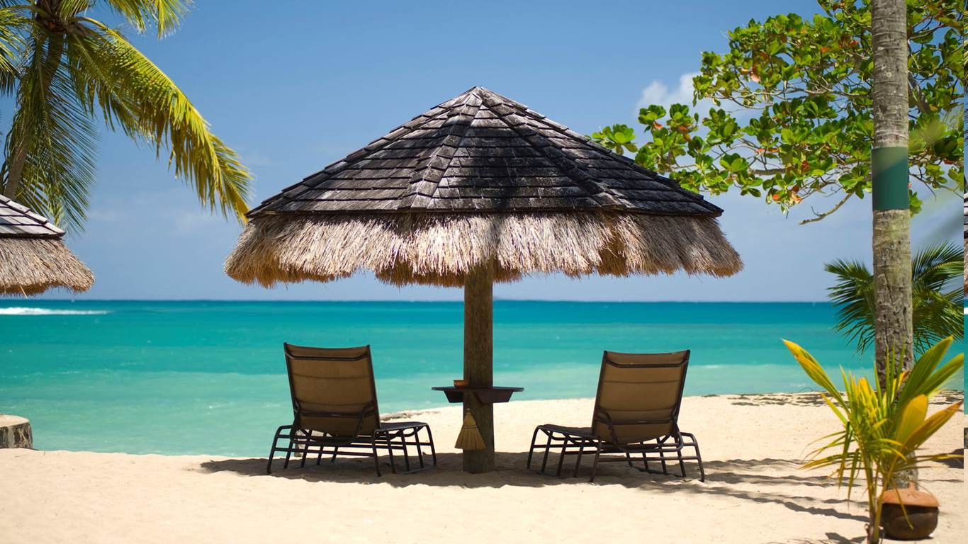 Wallpaper, 1366x768 px, beach, green, island, landscape, nature, palm trees, sand, sea, summer, tropical, turquoise, umbrella, vacations 1366x768