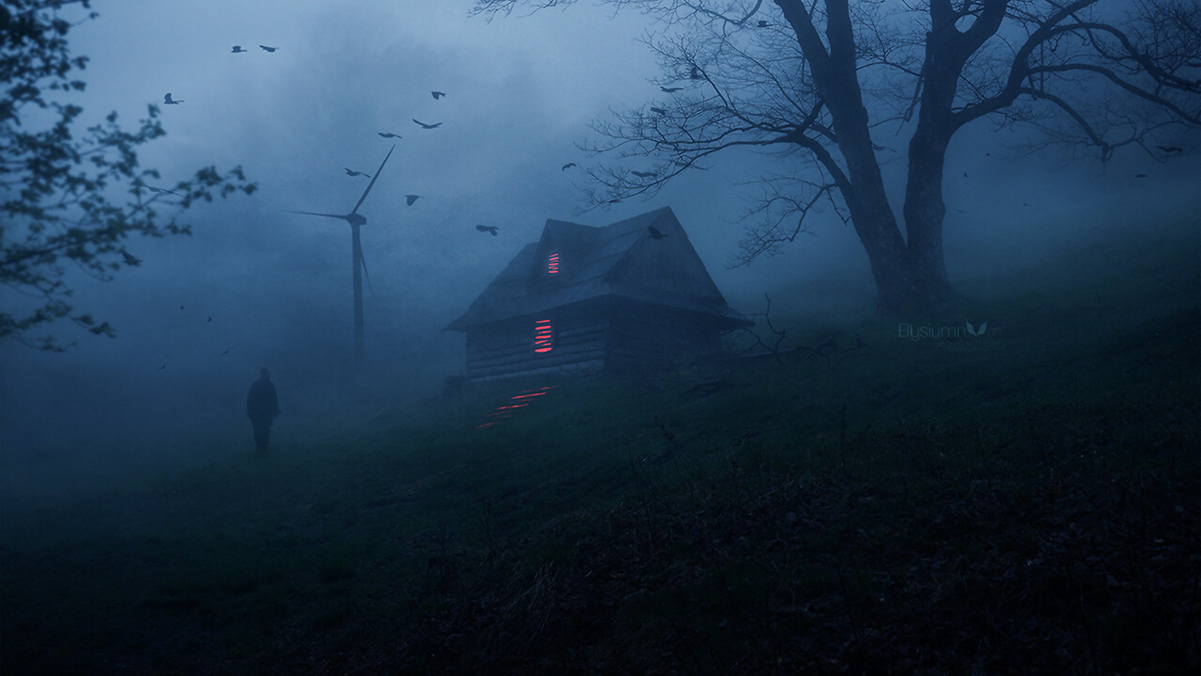Wallpaper / surreal, dusk, birds, ambient, house, Terror, nature, horror, 4K, environment, walking, animals, trees, dark, people, atmosphere, forest, creepy, shadow free download