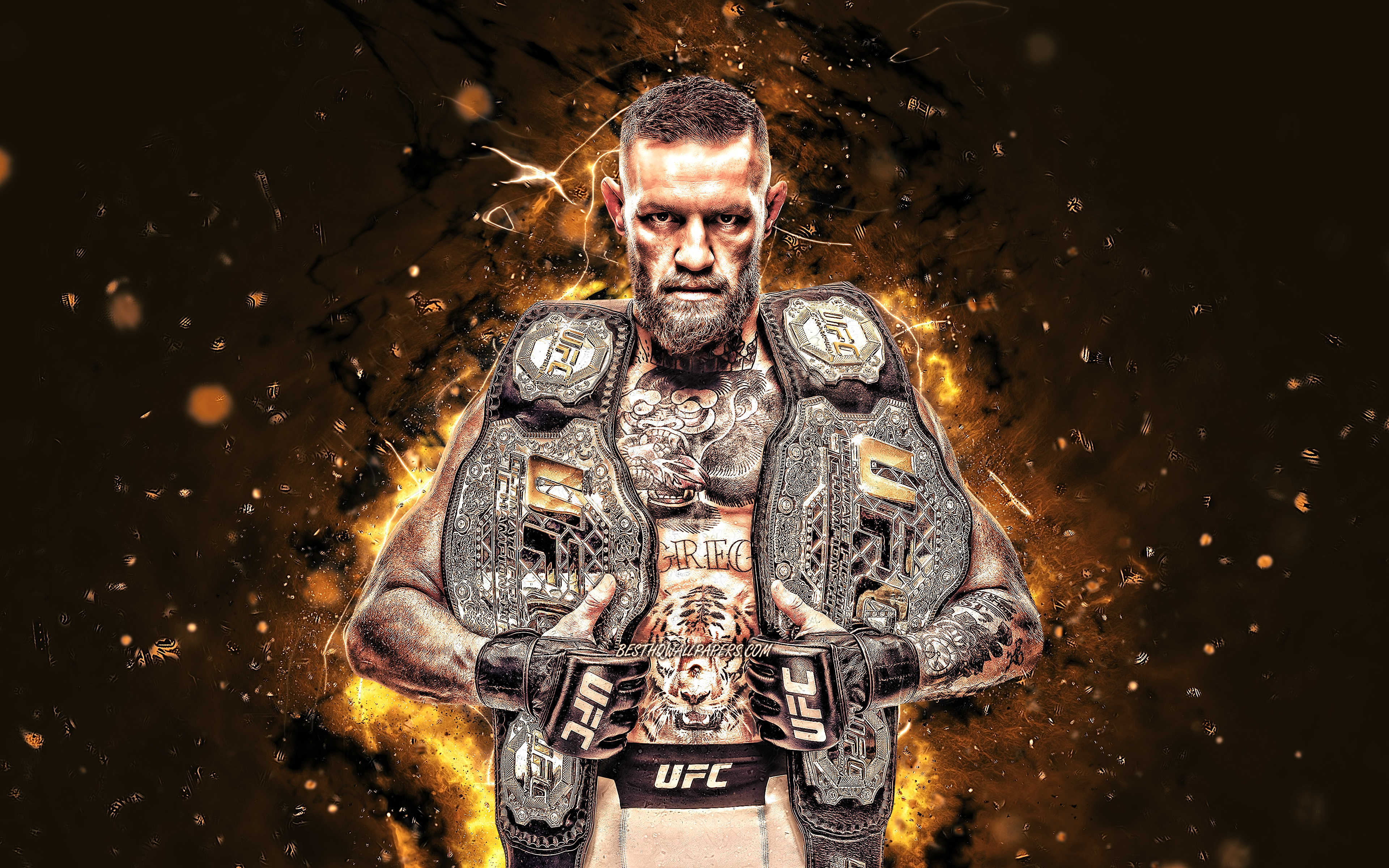 Download wallpaper Conor McGregor, 4k, brown neon lights, american fighters, MMA, UFC, Mixed martial arts, Conor McGregor 4K, UFC fighters, Conor Anthony McGregor, MMA fighters, Conor McGregor with belts for desktop with