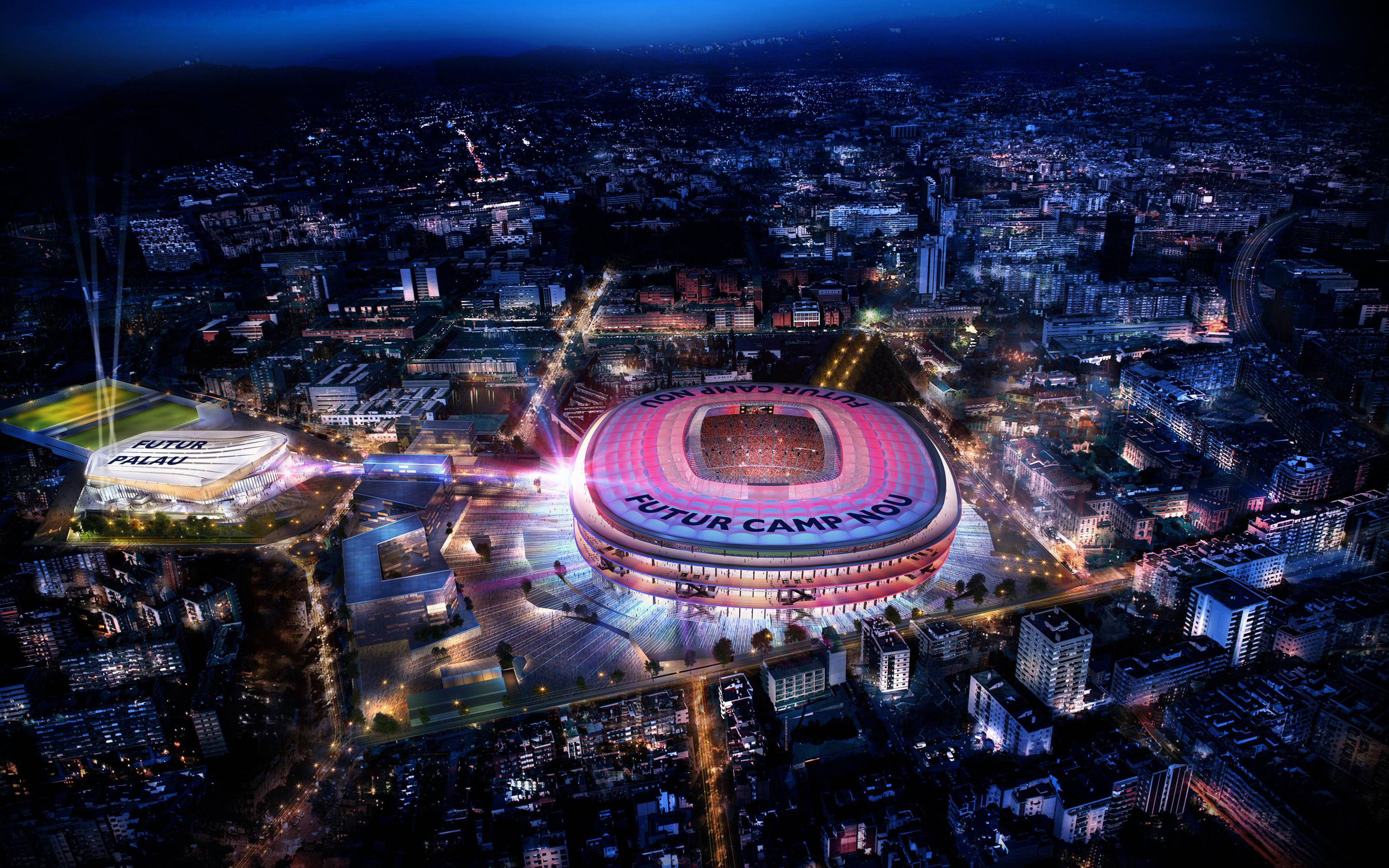 Download wallpaper New Camp Nou, 4k, aerial view, Estadio FC Barcelona, nightscapes, soccer, football stadium, Barcelona Stadium, Camp Nou, Barcelona arena, New Camp Nou at night, Spain, Barcelona FC, Barca for desktop
