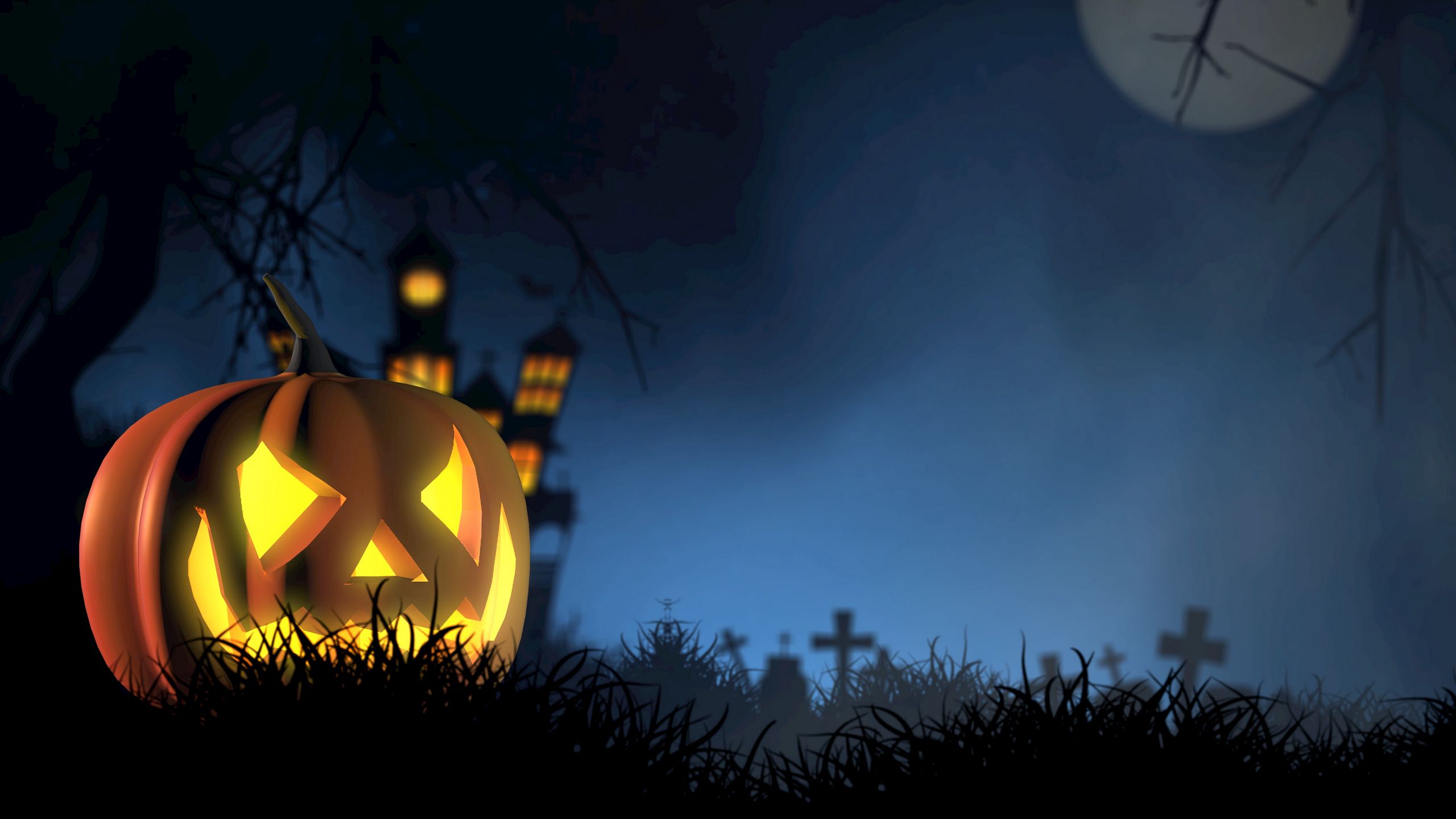 Download wallpaper 2560x1440 halloween, pumpkin, spooky, face, autumn widescreen 16:9 HD background