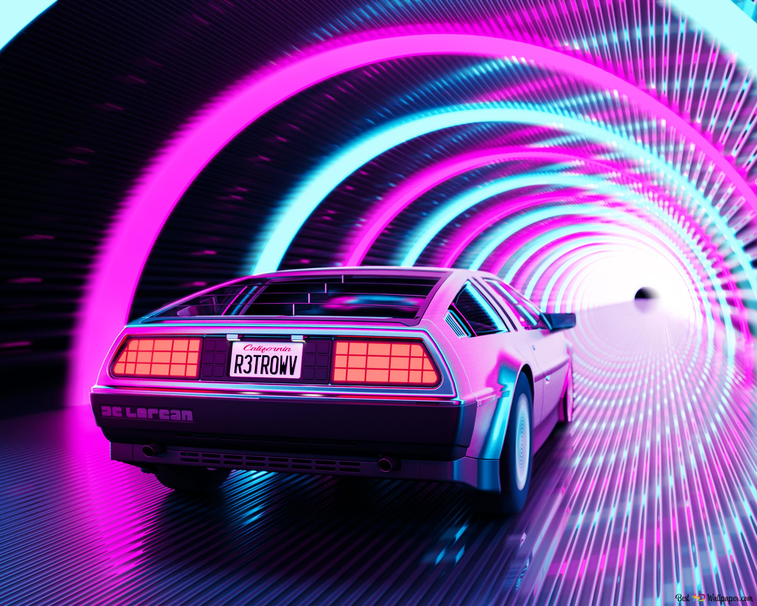 Purple car going in a neon lights tunnel 4K wallpaper download