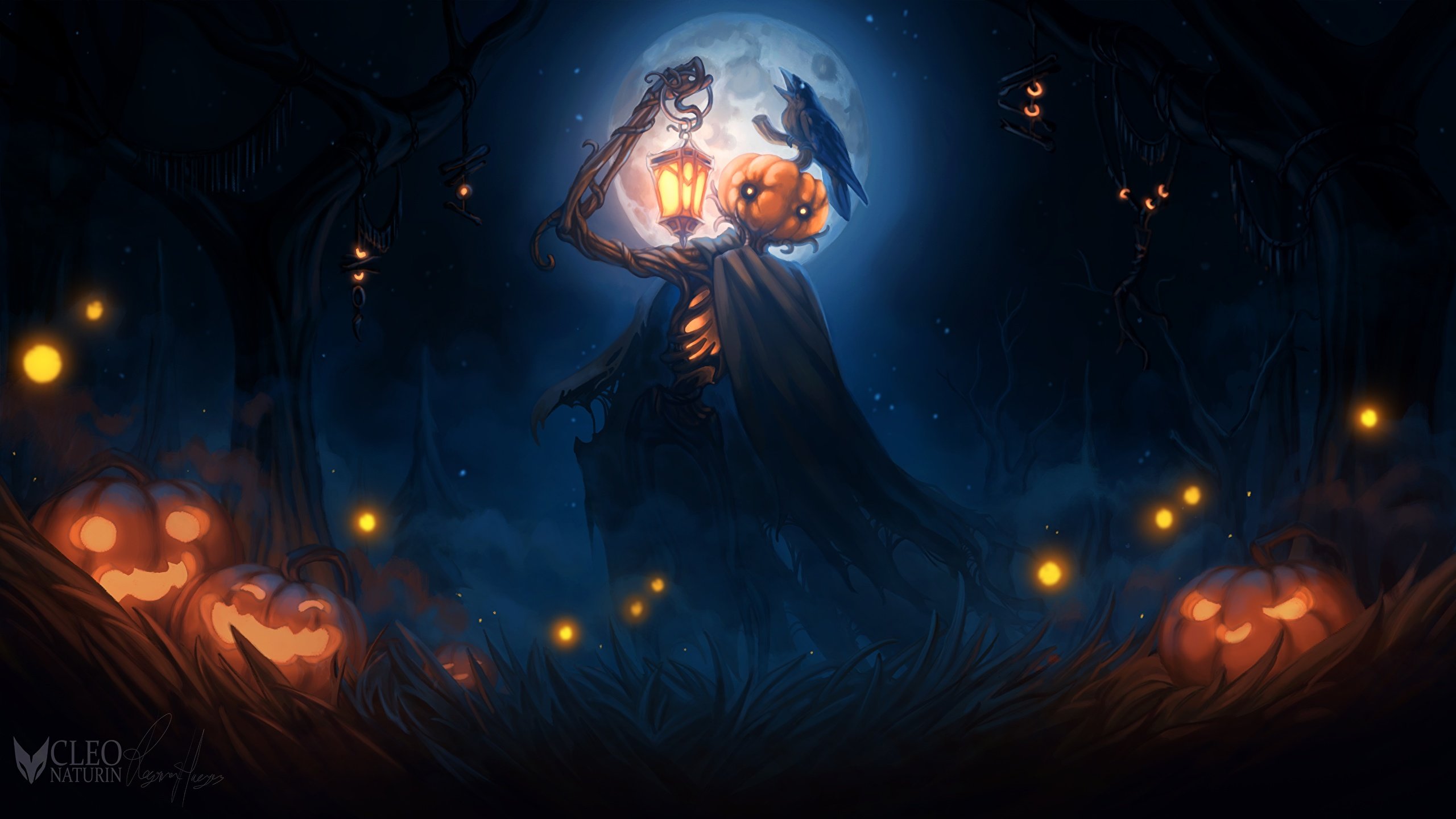 Desktop Wallpaper Lantern Scarecrow Cleo Naturin Pumpkin 2560x1440