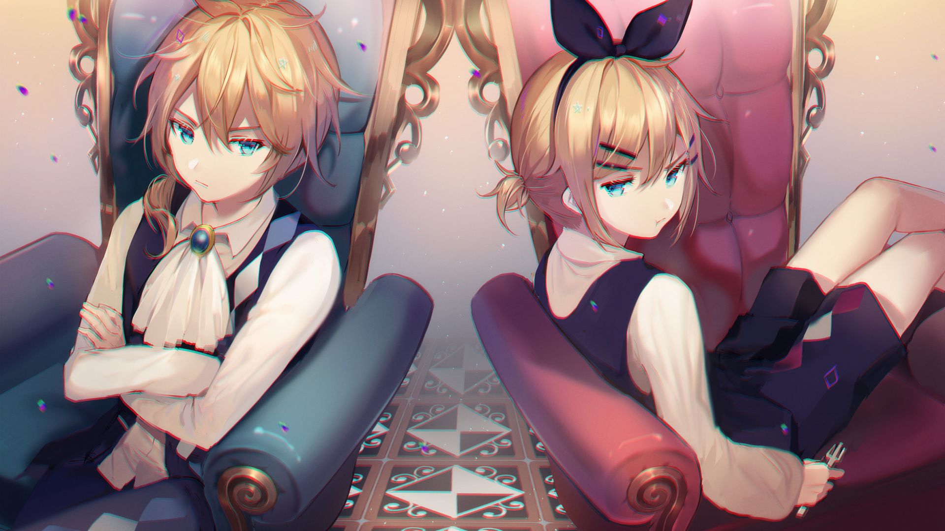 Desktop Wallpaper Kagamine Rin, Kagamine Len, Vocaloid, Angry, Sitting, HD Image, Picture, Background, 1e7cd6