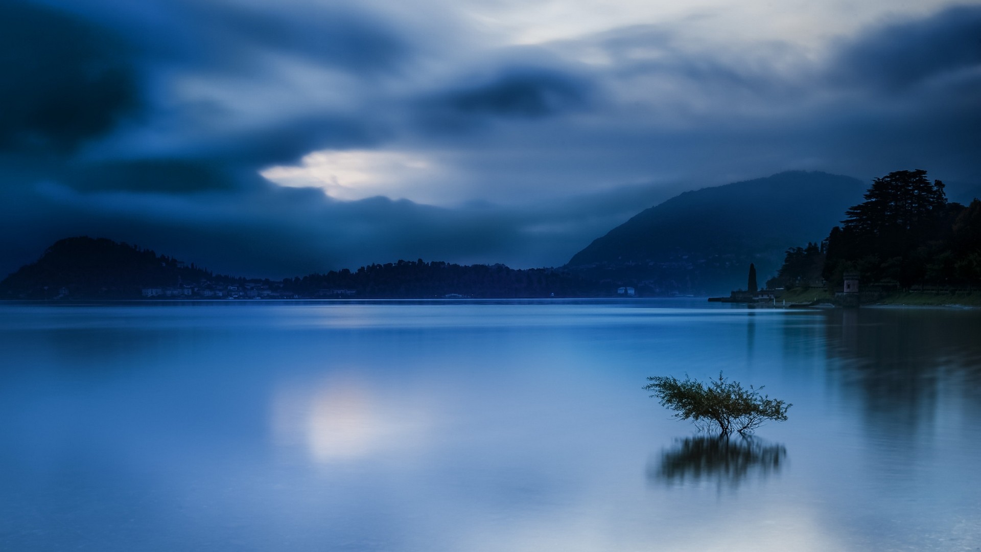 lake, calm, water, city, blue, mountains, landscape, Italy, trees, sky, nature, clouds Gallery HD Wallpaper