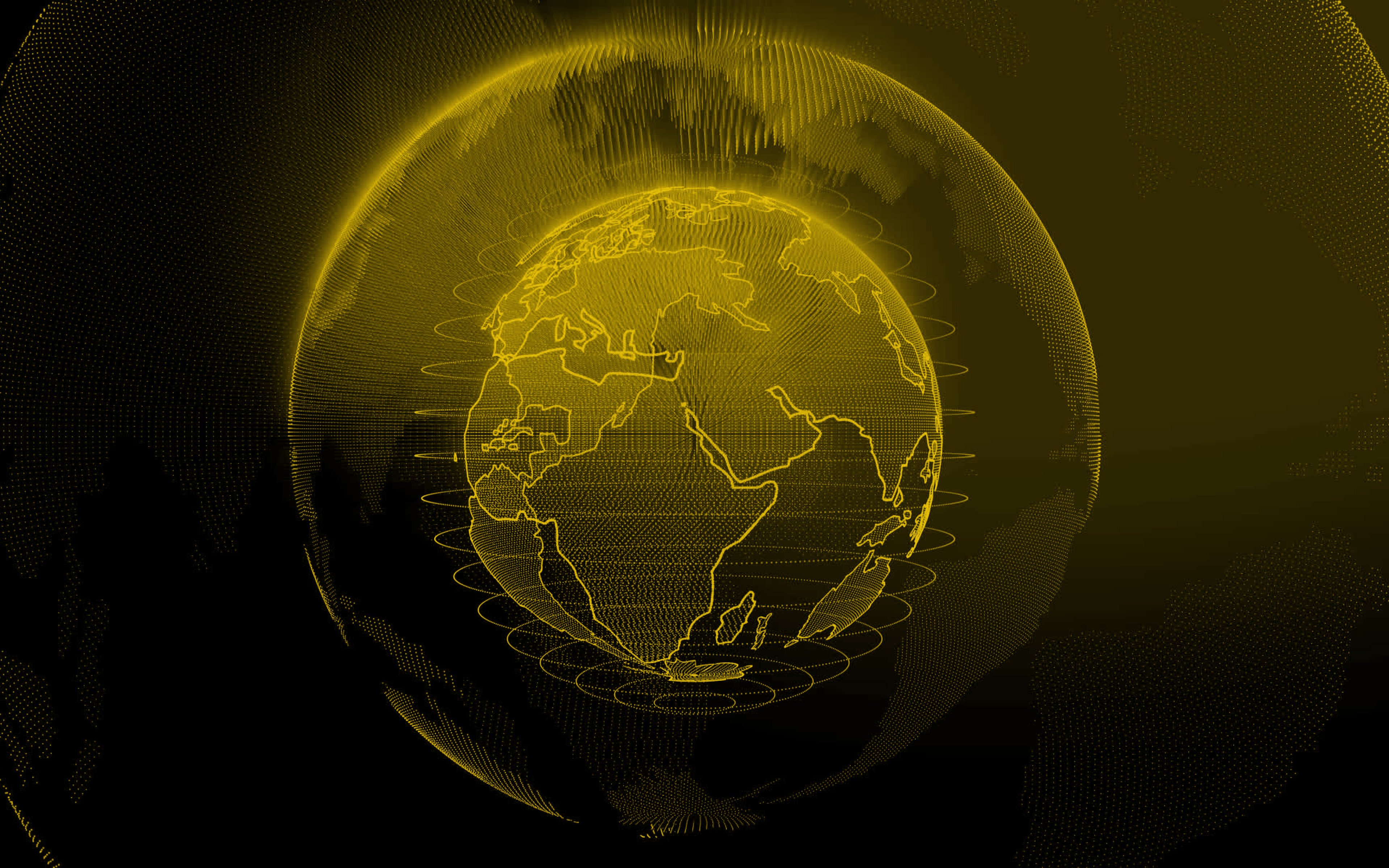 Download wallpaper Yellow digital globe, Yellow digital background, technology networks, global networks, dots globe silhouette, digital technology, Yellow technology background, world map for desktop with resolution 3840x2400. High Quality HD