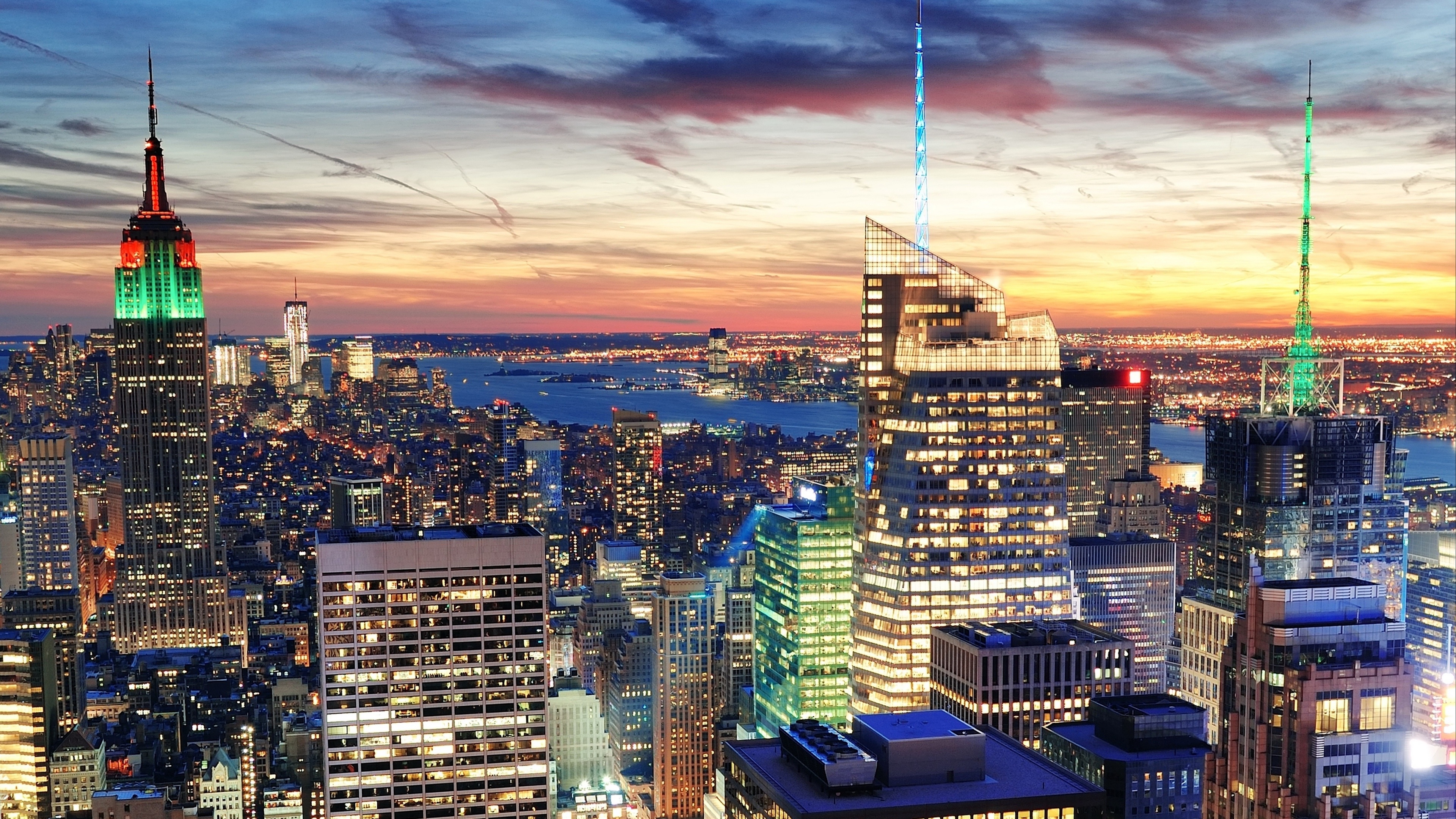 Wallpaper 4k new york city, nyc, usa, new york, skyscrapers, houses, buildings, city, evening, lights, sunset, panorama 4k Wallpaper
