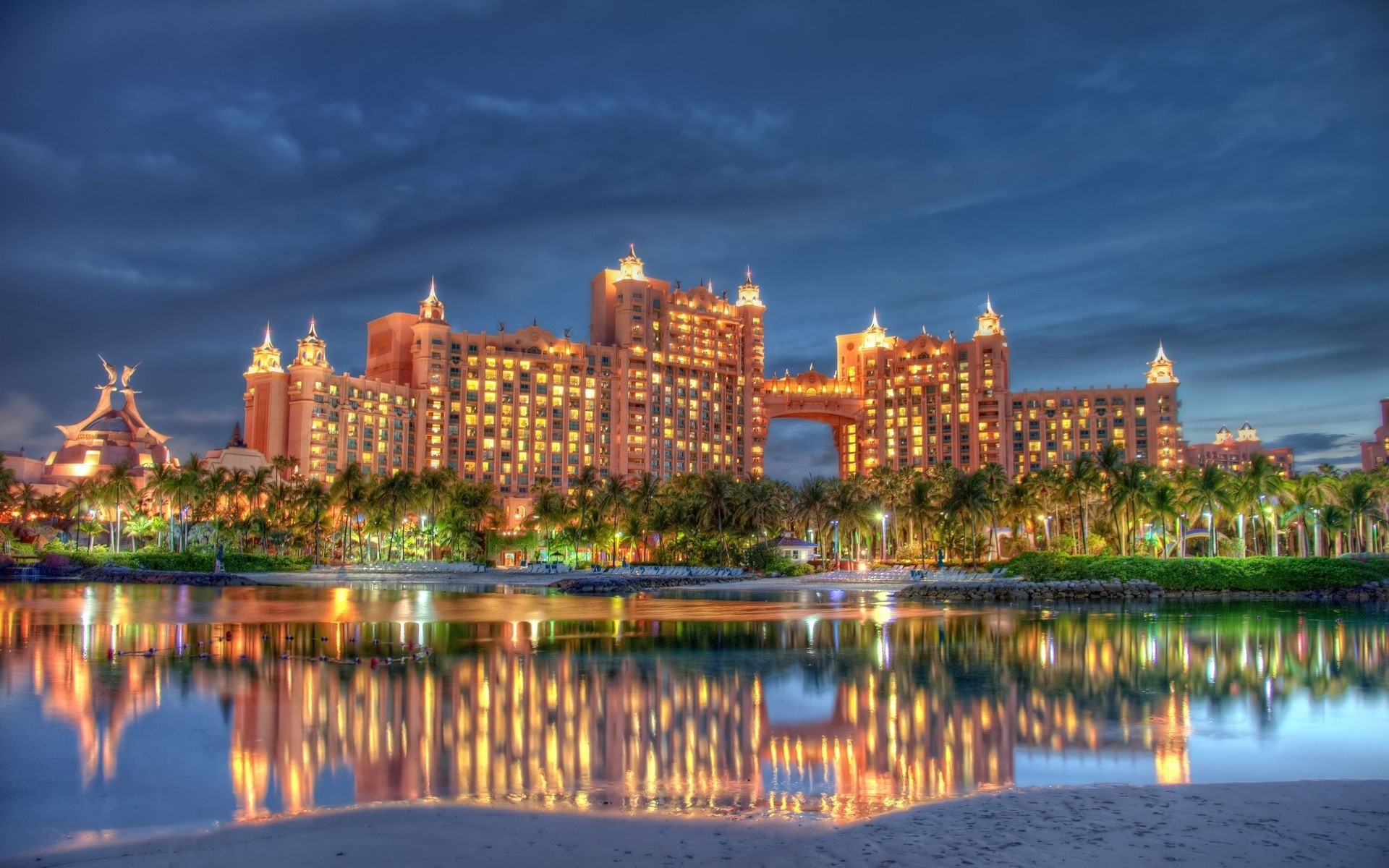 Wallpaper, Nassau, atlantis hotel, Dubai, Bahamas, river, rocks, palm trees, Casino, HDR 1920x1200