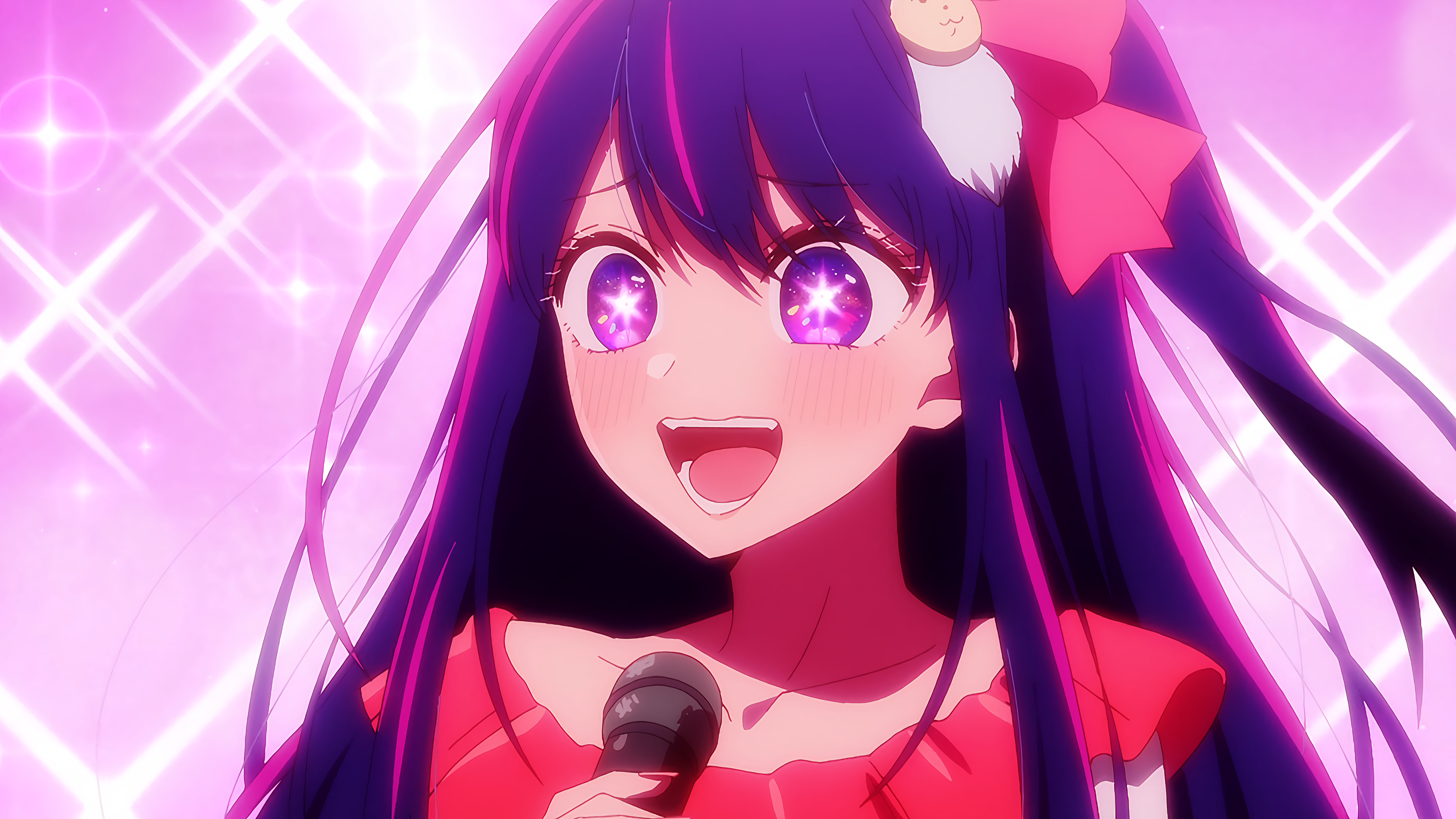 Oshi No Ko Anime Girls Blushing Star Eyes Long Hair Stars Microphone Wallpaper:5760x3240