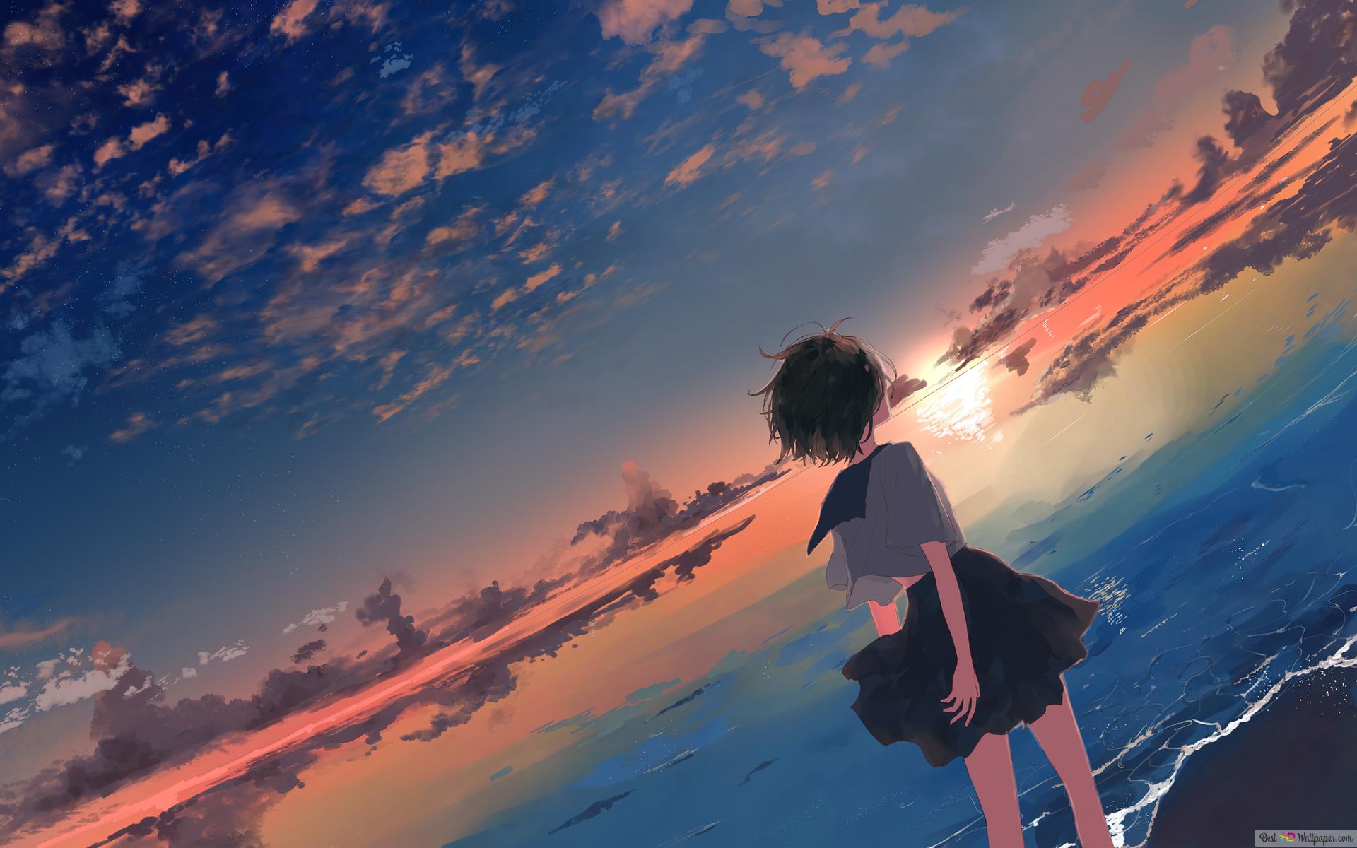 Anime School Girl Sunset Beach 4K wallpaper download