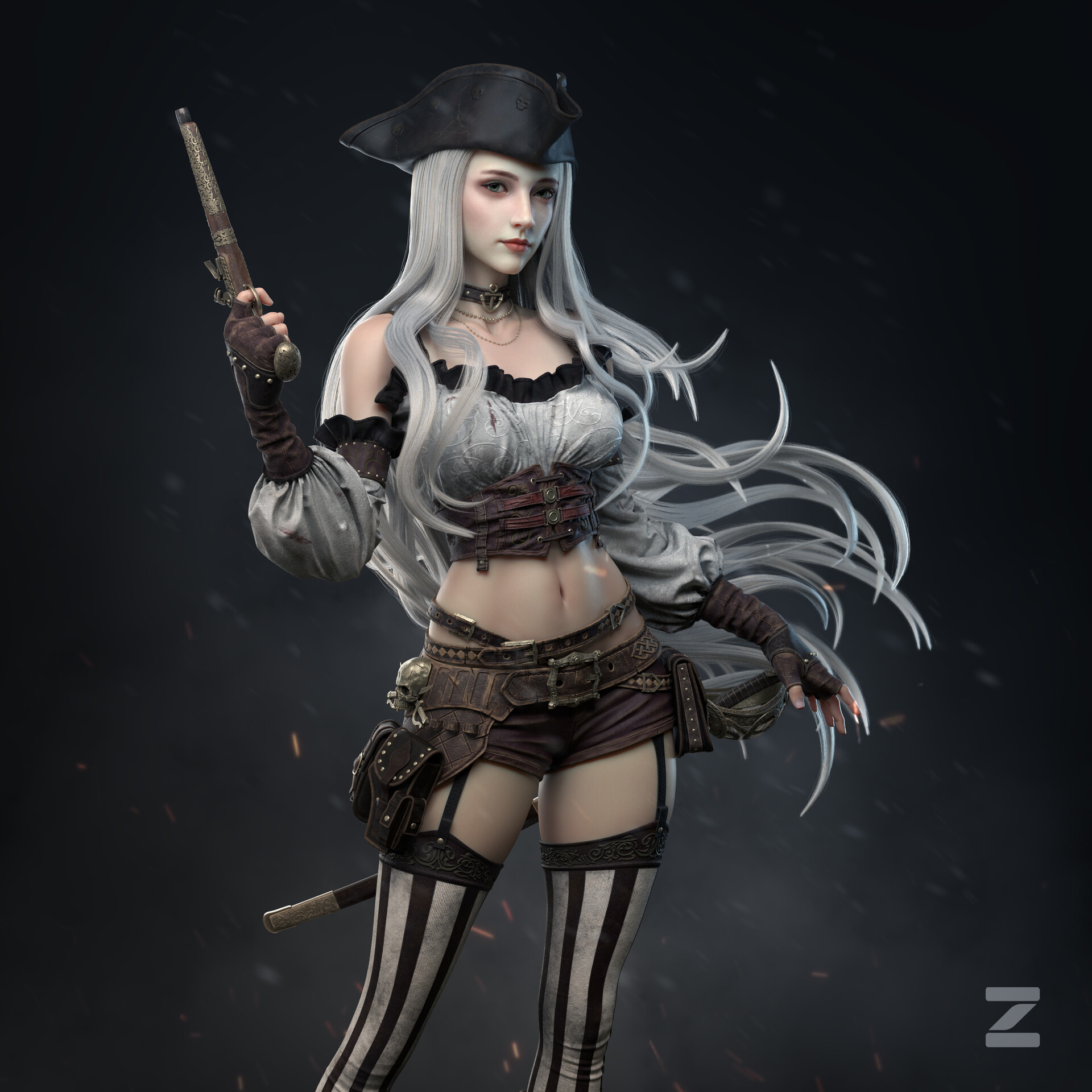 Wallpaper, artwork, digital art, fantasy art, fantasy girl, pirates, pirate girl, Pirate hat, Women with Hats, girls with guns, belly, striped stockings, long hair, silver hair, women with weapons, red lipstick