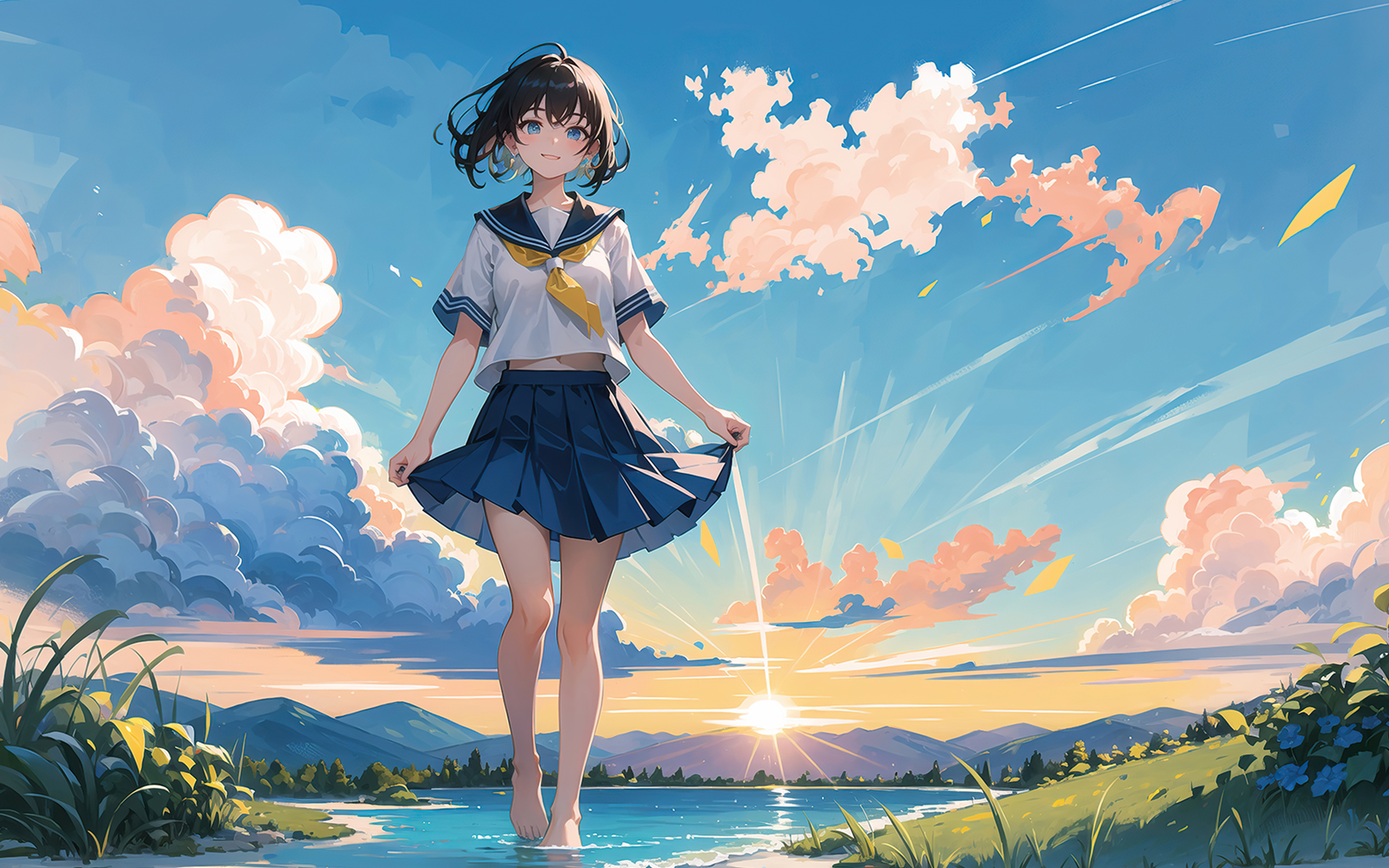 Anime Landscape Sky School Uniform Schoolgirl Anime Girls Water Mountains Grass Sun Wallpaper:1920x1200