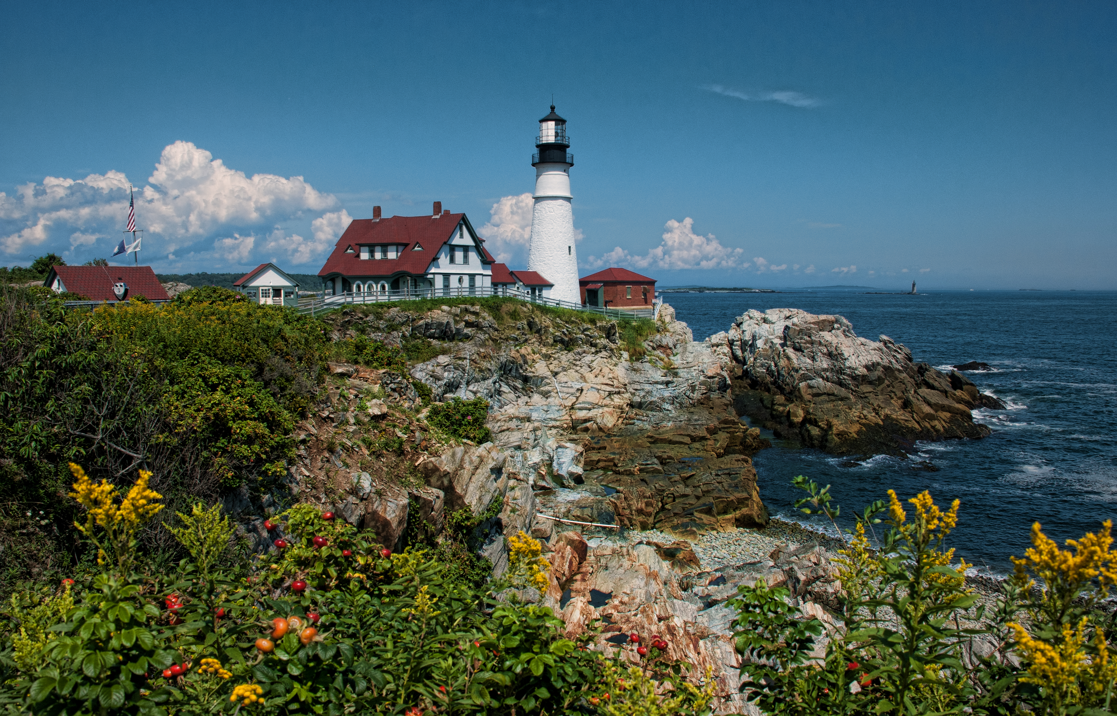 Wallpaper, sea, rock, sky, Tourism, tower, coast, cliff, lighthouse, rocks, summer, cape, mount scenery, Portland, Elizabeth, Maine, Terrain, tree, cove, headlight, promontory, headland 3787x2427