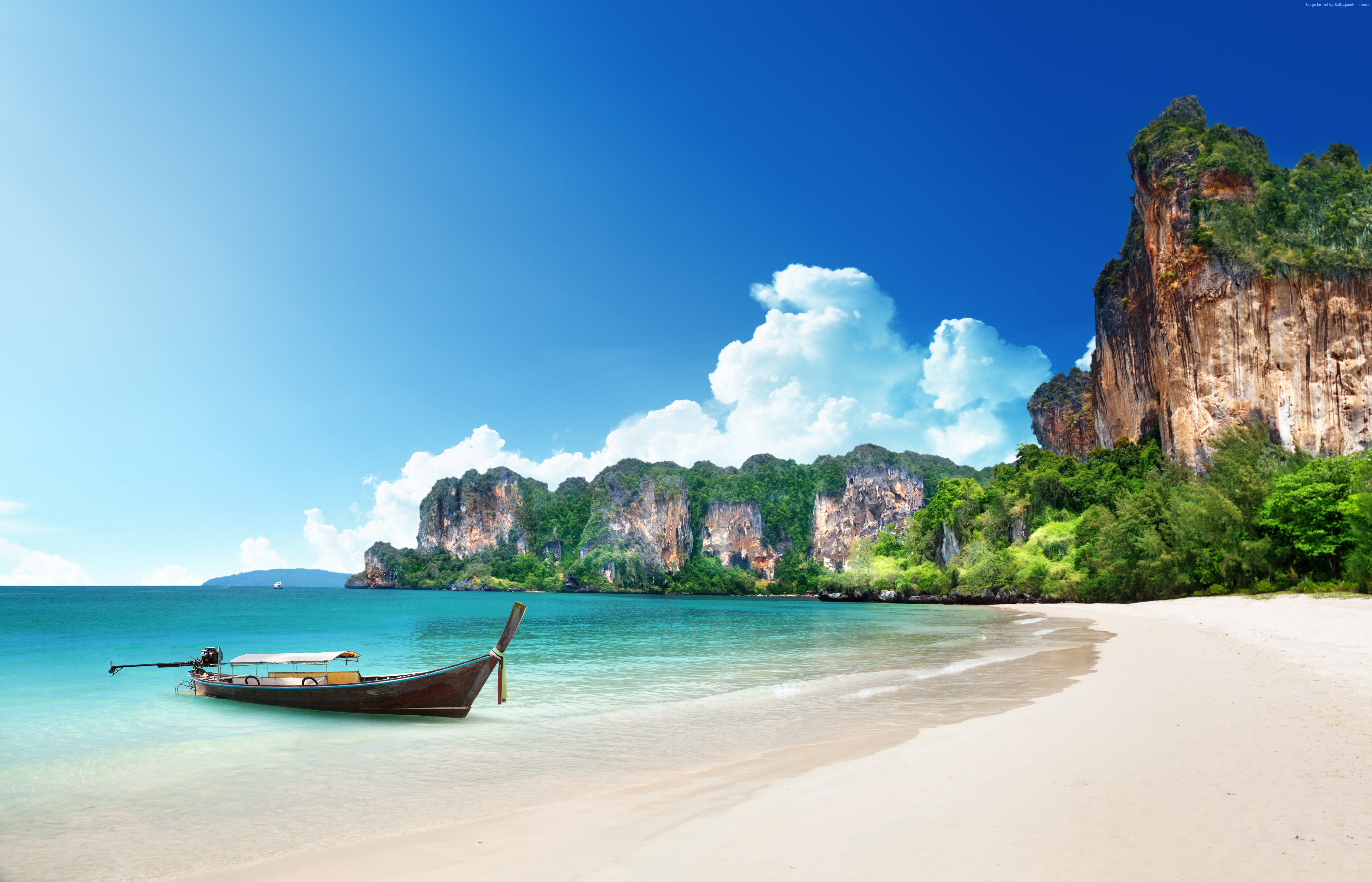4k, 5k, boat, Thailand, tourism, shore, rocks, 8k, travel, beach Gallery HD Wallpaper