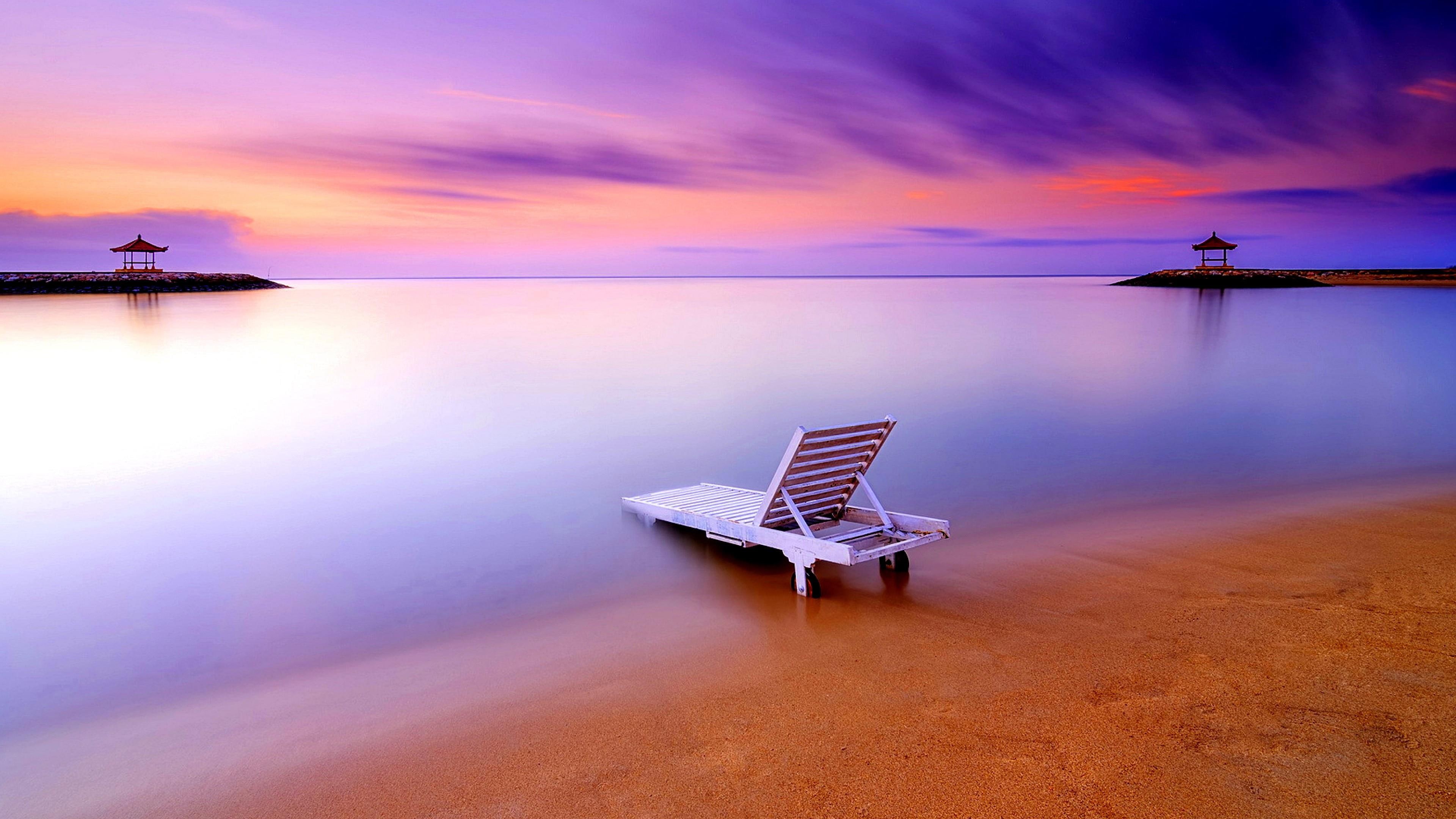 Wallpaper / shore, 4K, relax, asia, sunbed, summer, horizon, ocean, beach, calm, bali, sandy beach, atmosphere, sand, sunrise, sanur beach, vacation, purple sky, sea free download