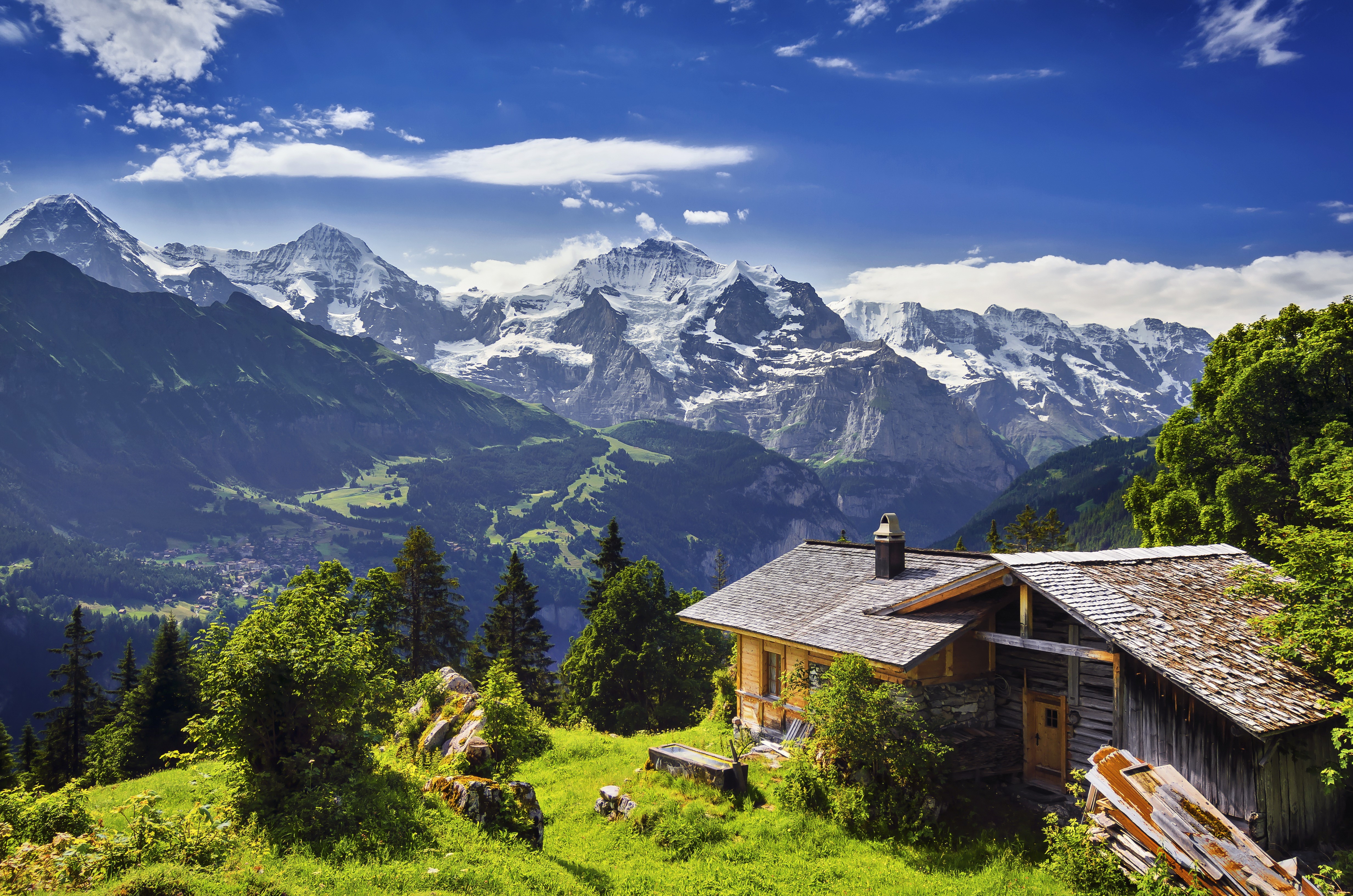 4K, Grindelwald, Switzerland, Scenery, Mountains, Houses, Trees Gallery HD Wallpaper