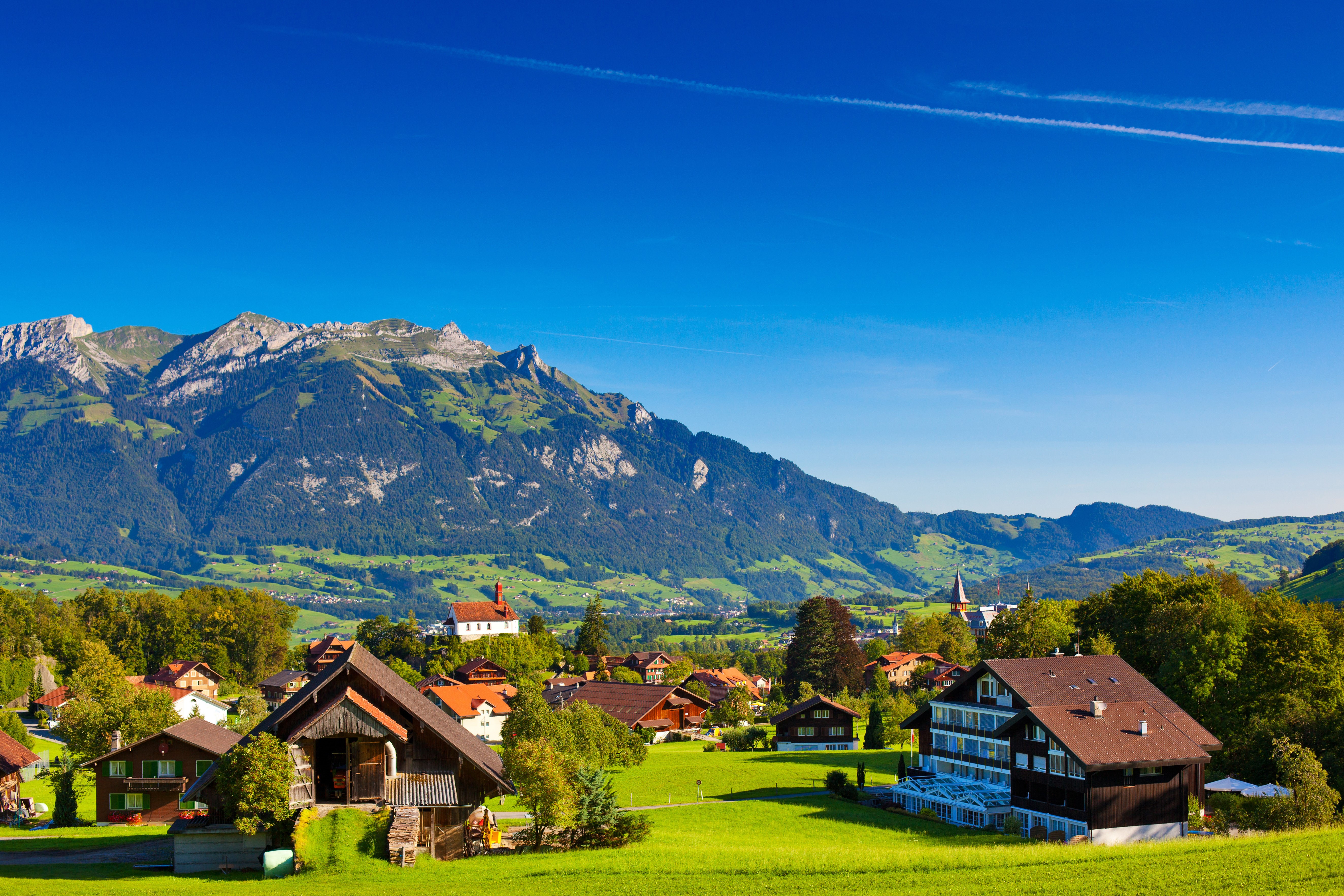 4K, 5K, Mountains, Sky, Switzerland, Village, Alps Gallery HD Wallpaper