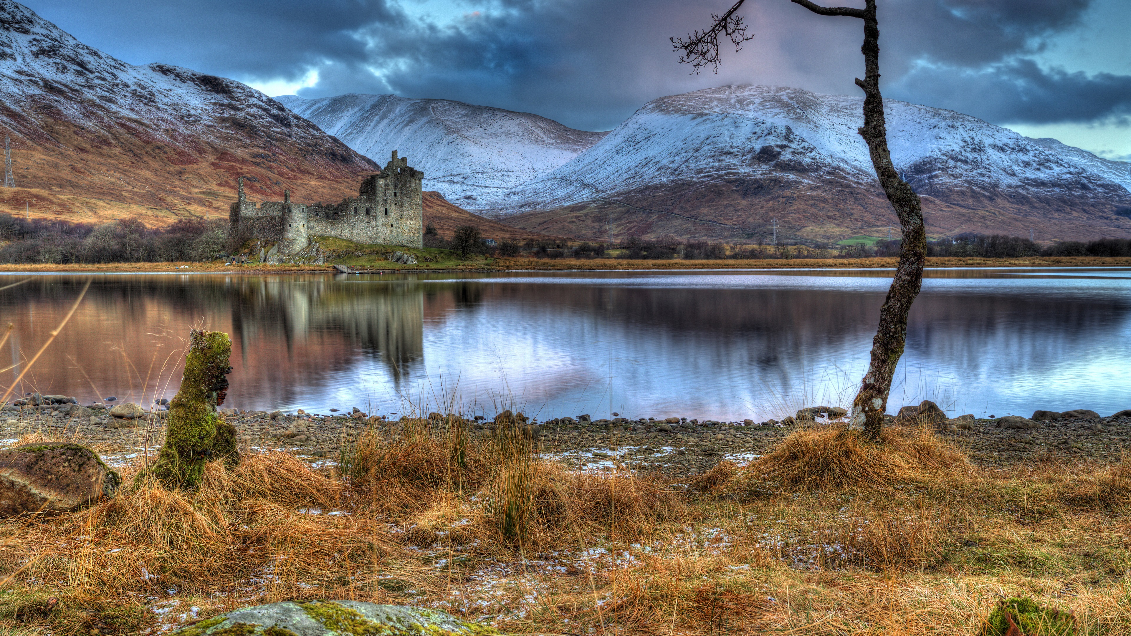 Wallpaper Scotland, Kilchurn Castle, ruins, lake, mountains, clouds 3840x2160 UHD 4K Picture, Image