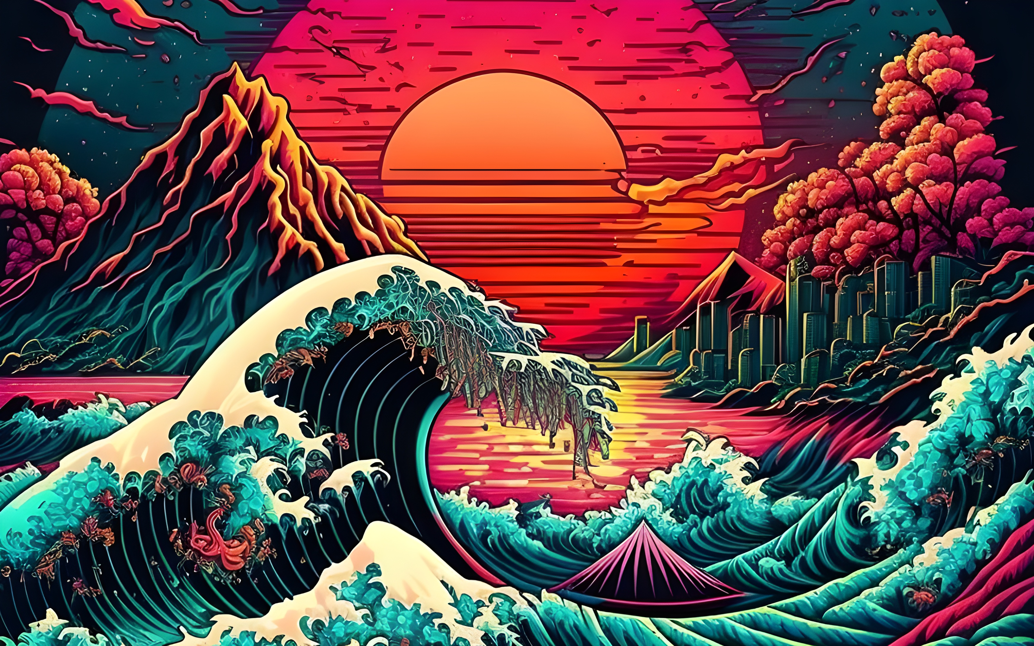 The Great Wave Off Kanagawa Artificial Intelligence 4K Waves Sunset Ai Art Wallpaper:3488x2180