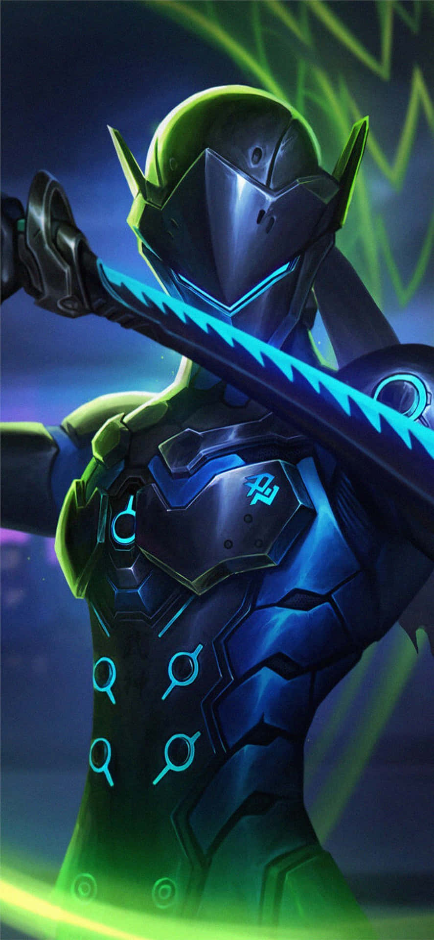 Download iPhone Xs Max Overwatch Background Genji Neon Blue Sword