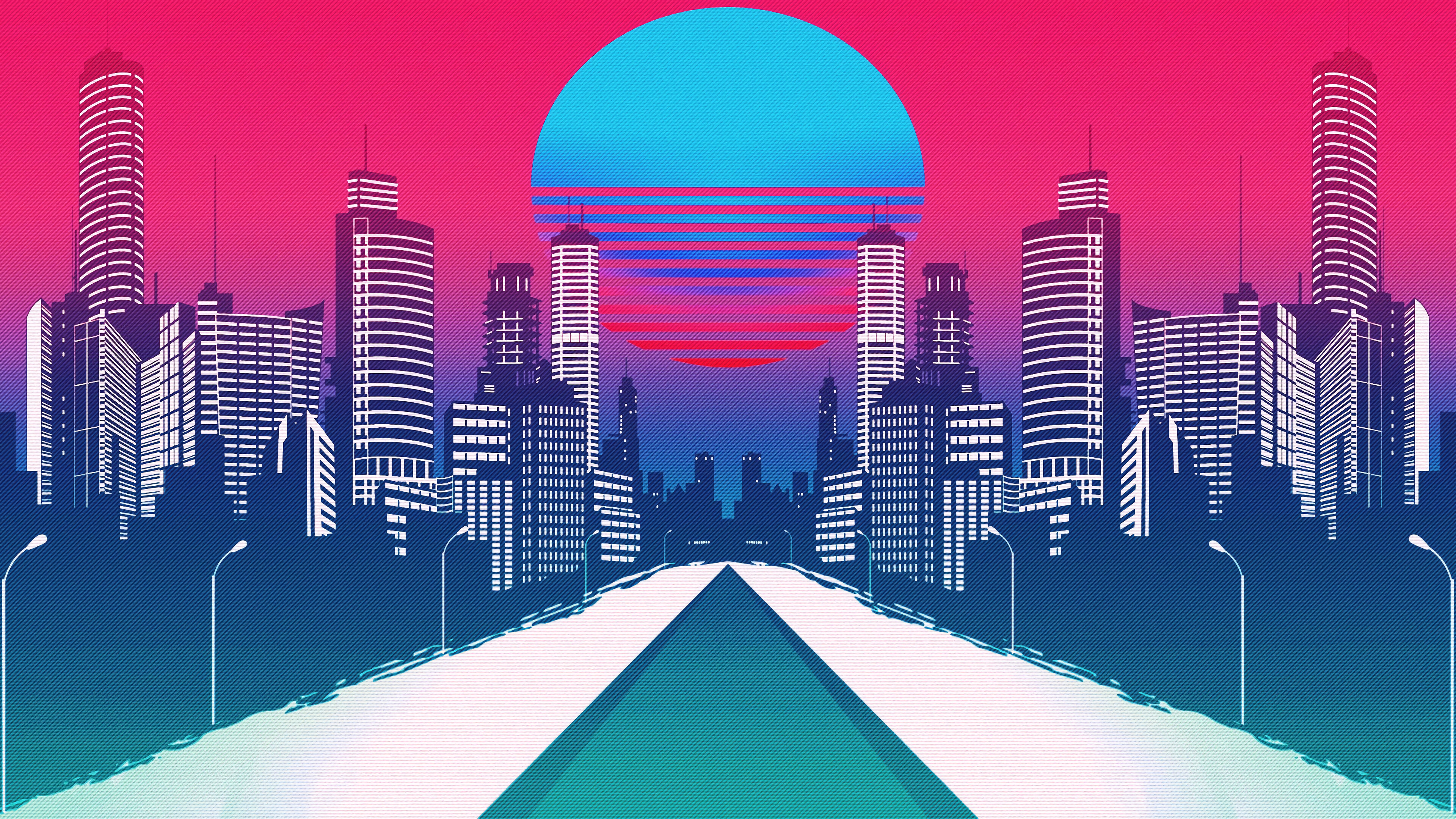 Minimalist, Neon, City, Landscape, Digital Art, 4K Gallery HD Wallpaper