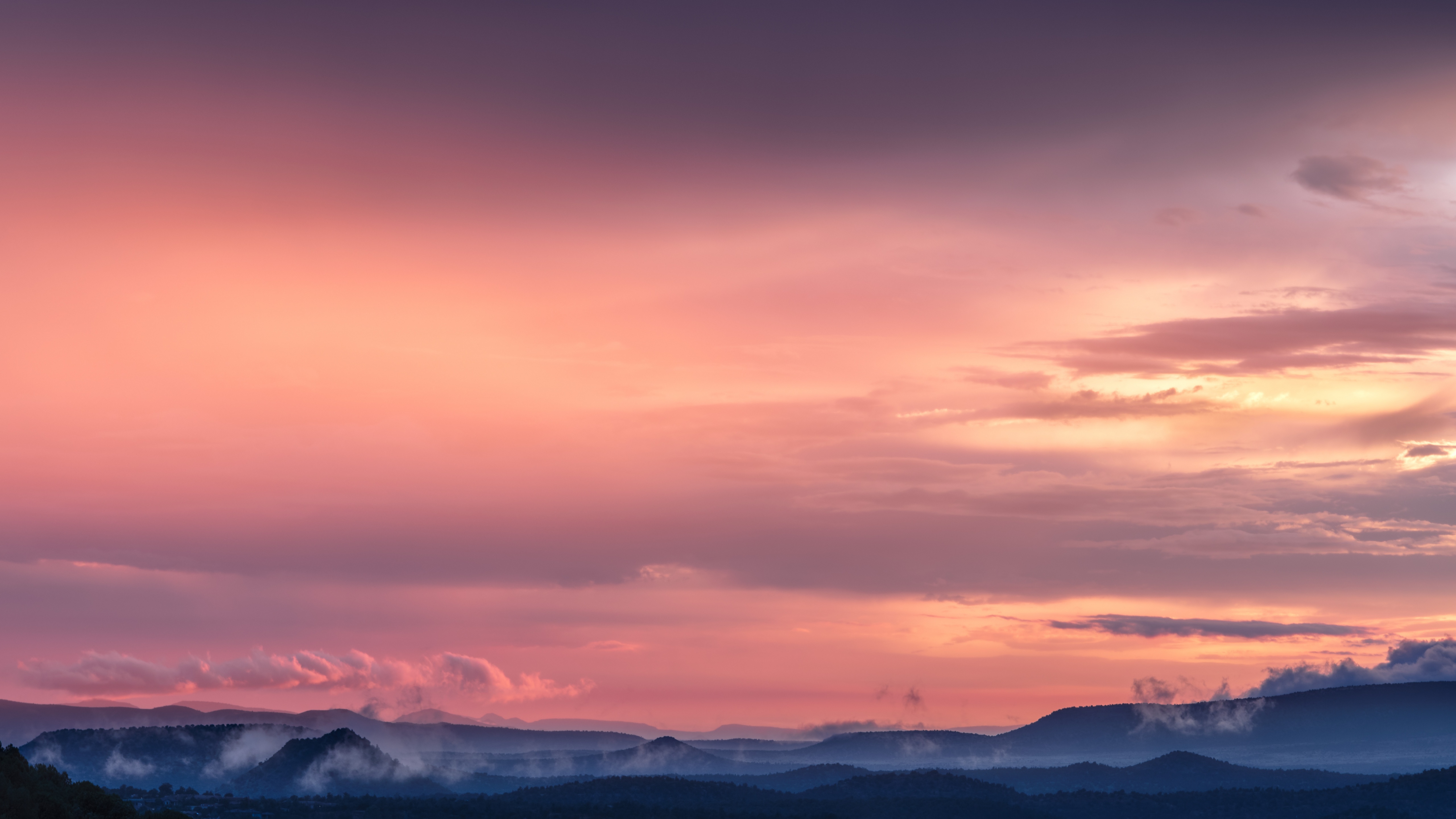Pink sky Wallpaper 4K, Sunset, Mountains, Nature