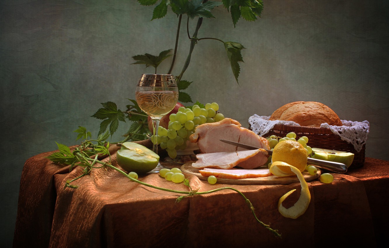 Wallpaper summer, wine, apples, bread, grapes, still life, vine, June, pork image for desktop, section еда