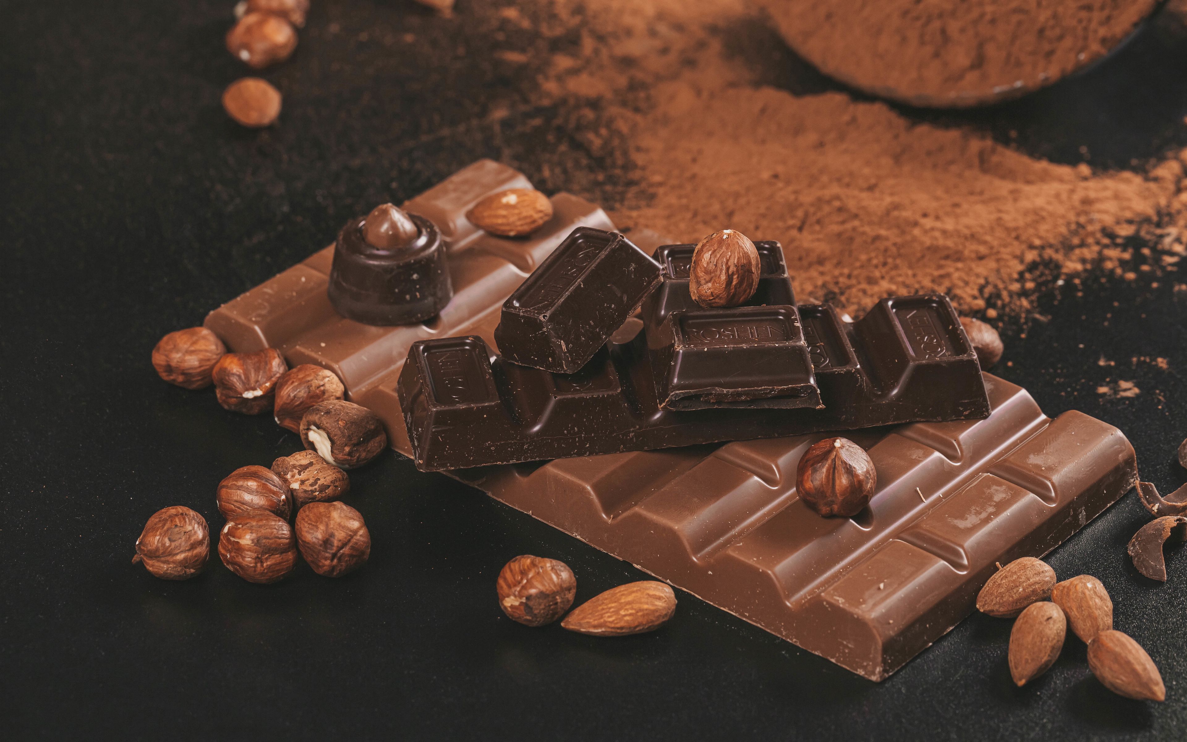 Download wallpaper 3840x2400 chocolate, nuts, cocoa, brown 4k ultra HD 16:10 HD background