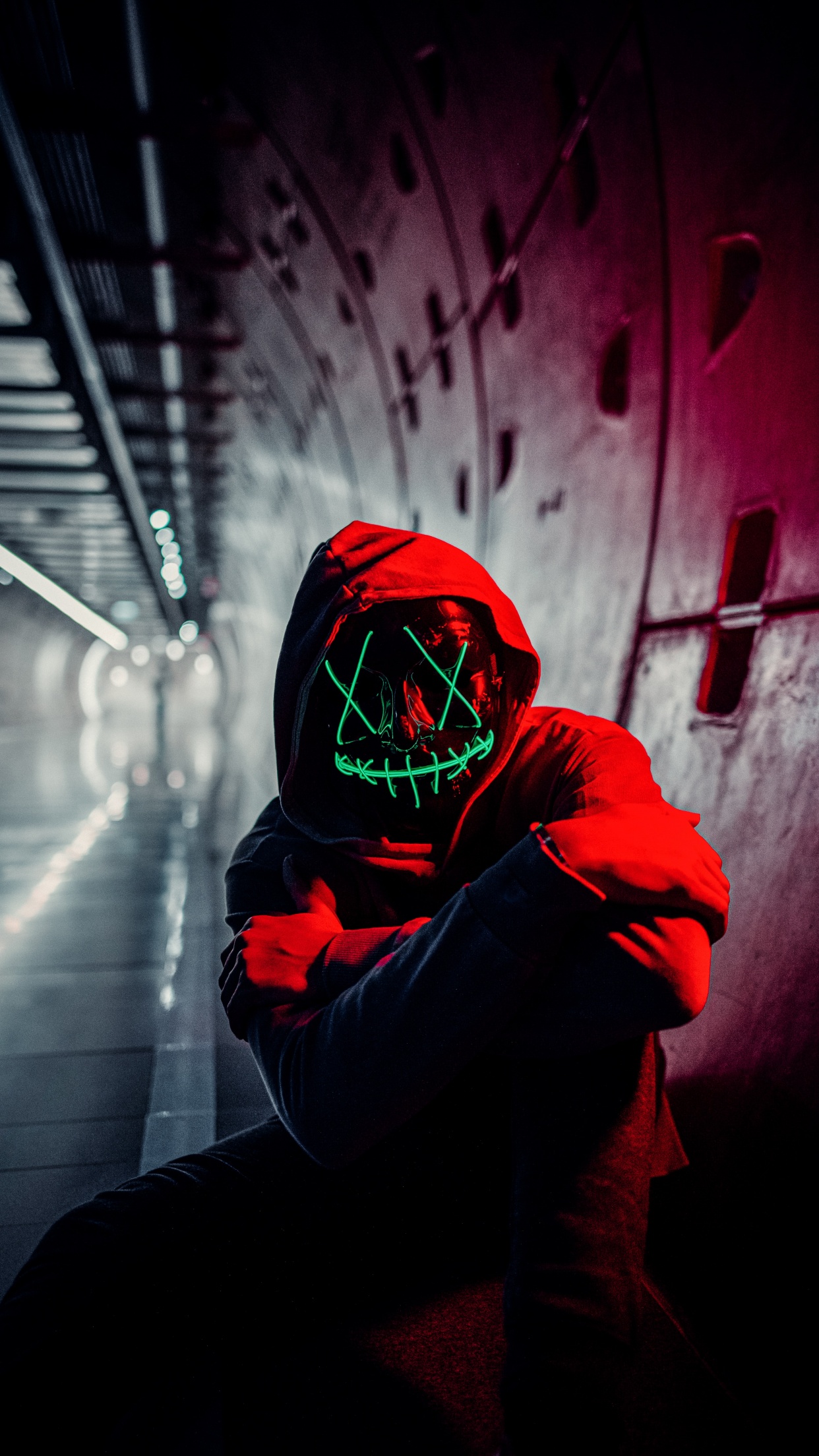 Neon Mask Wallpaper 4K, Red Hoodie, Tunnel, Photography