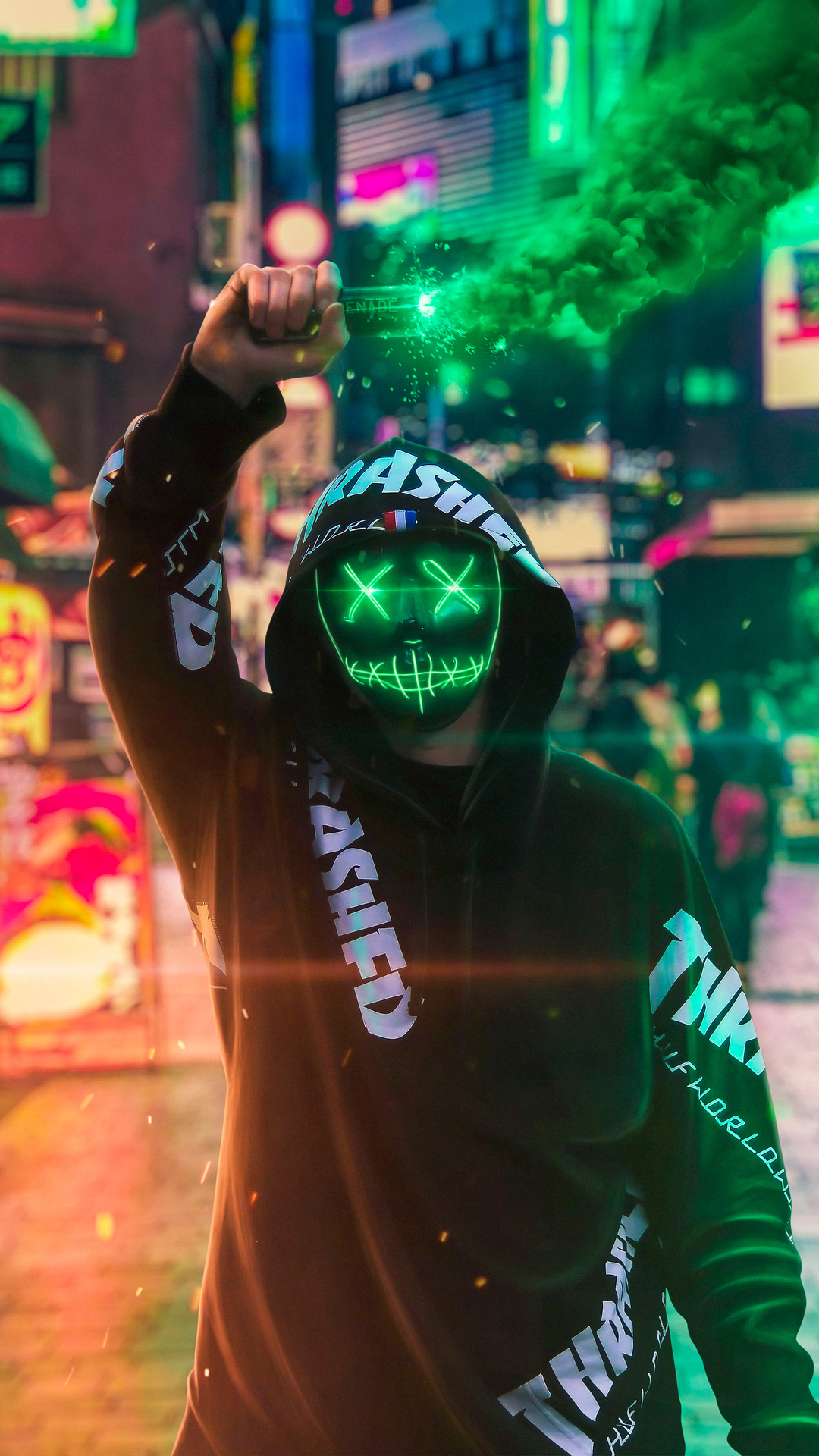Neon mask guy with green smokeK wallpaper, free and easy to download