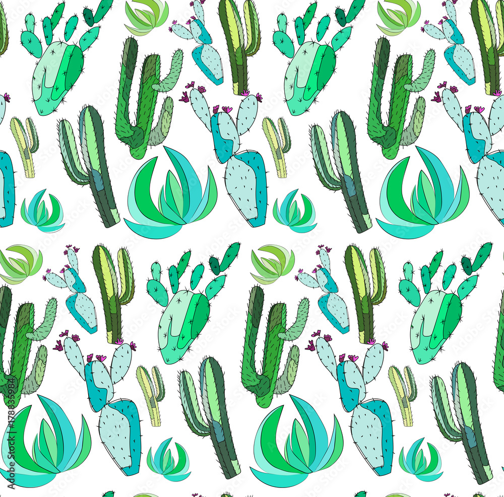 Bright cute beautiful abstract lovely mexican tropical floral herbal summer green set of a cactus paint like child vector illustration. Perfect for textile, wallpaper, wrapping paper Stock Vector