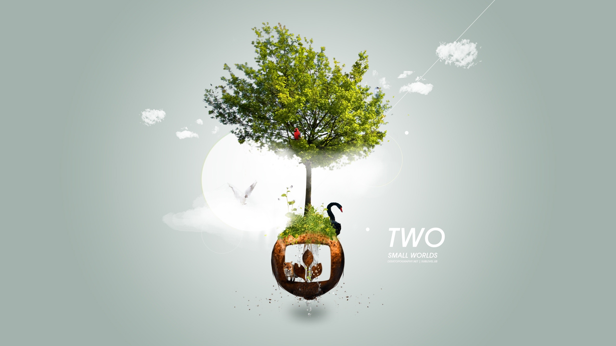Wallpaper, trees, landscape, illustration, digital art, nature, logo, branch, brand, Desktopography, leaf, plant, advertising, computer wallpaper, produce, font 2560x1440
